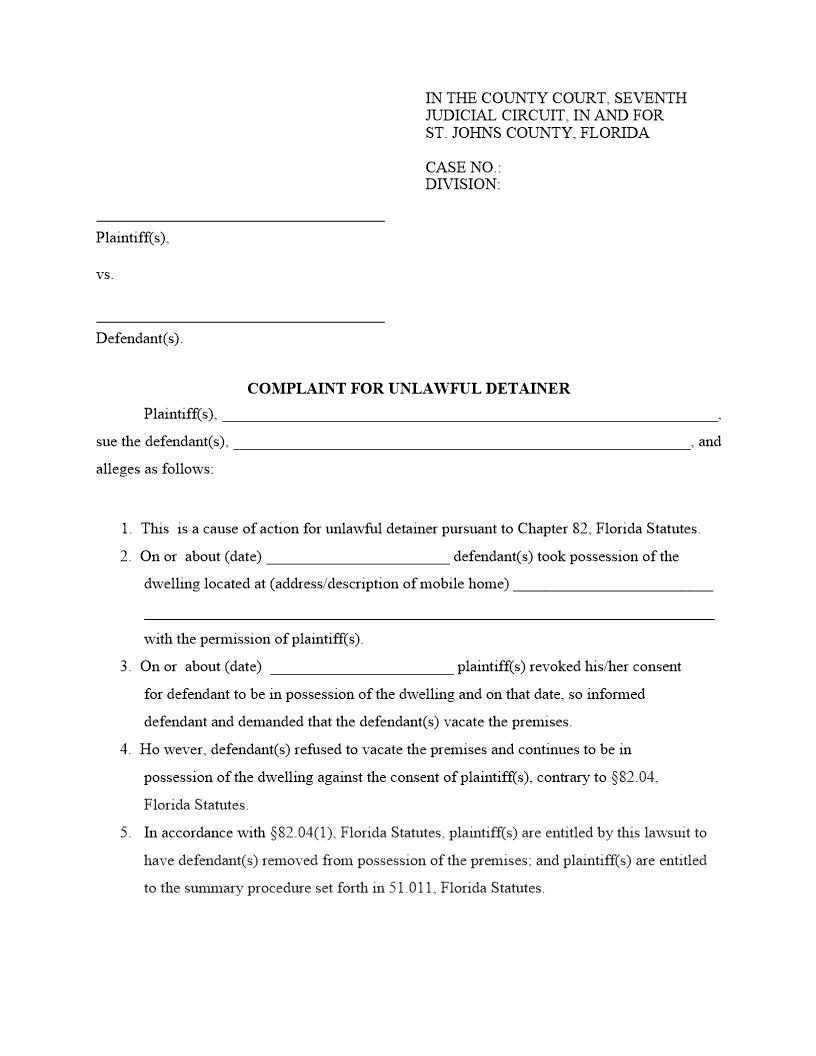 Complaint For Unlawful Detainer | Pdf Fpdf Docx | Florida