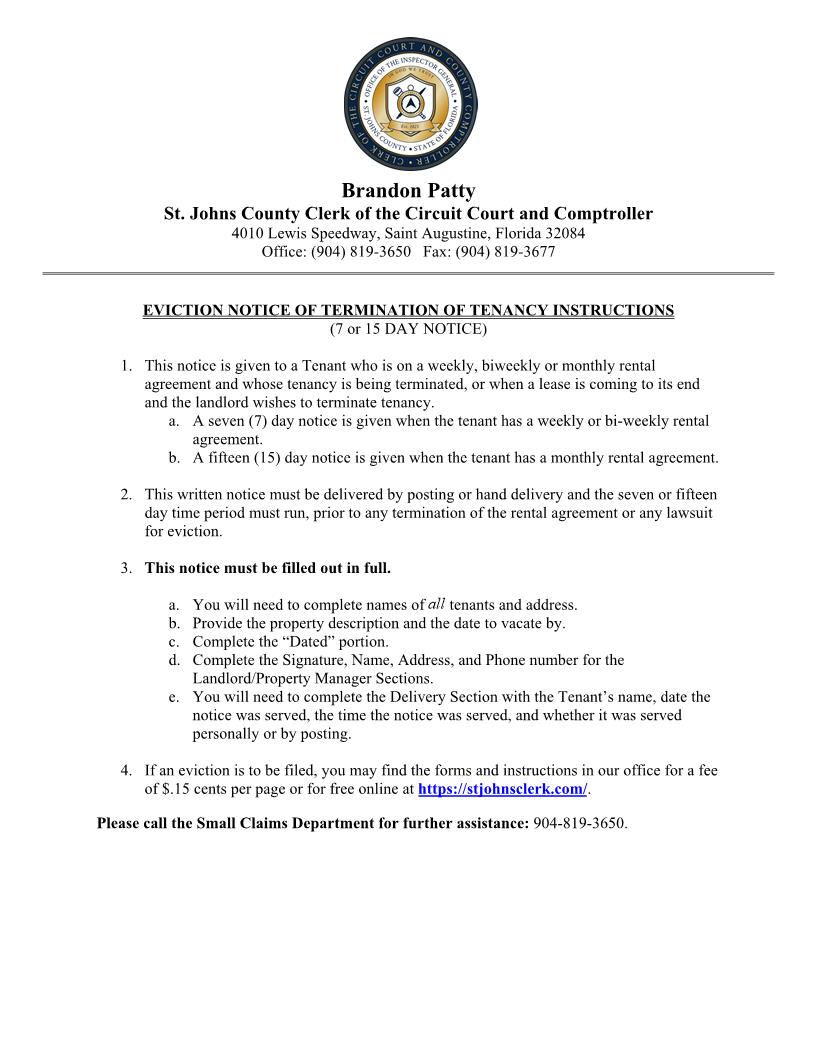 Notice Of Termination Of Tenancy (7 Or 15 Day Notice) W-Instructions | Pdf Fpdf Docx | Florida