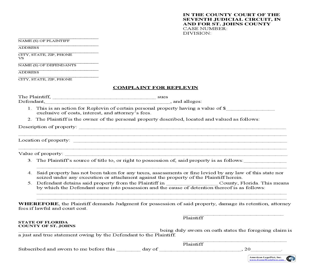 Complaint For Replevin | Pdf Fpdf Doc Docx | Florida