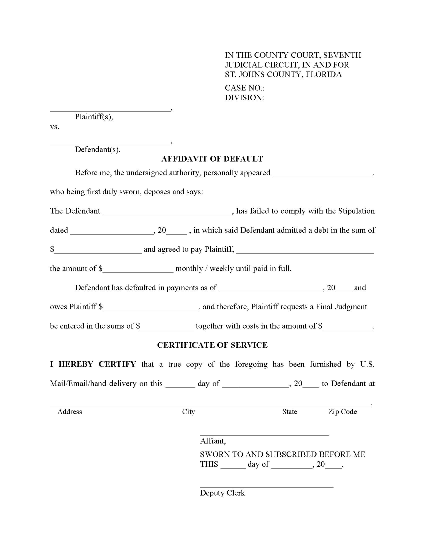 Affidavit Of Default (Violation Of Stipulation) | Pdf Fpdf Docx | Florida