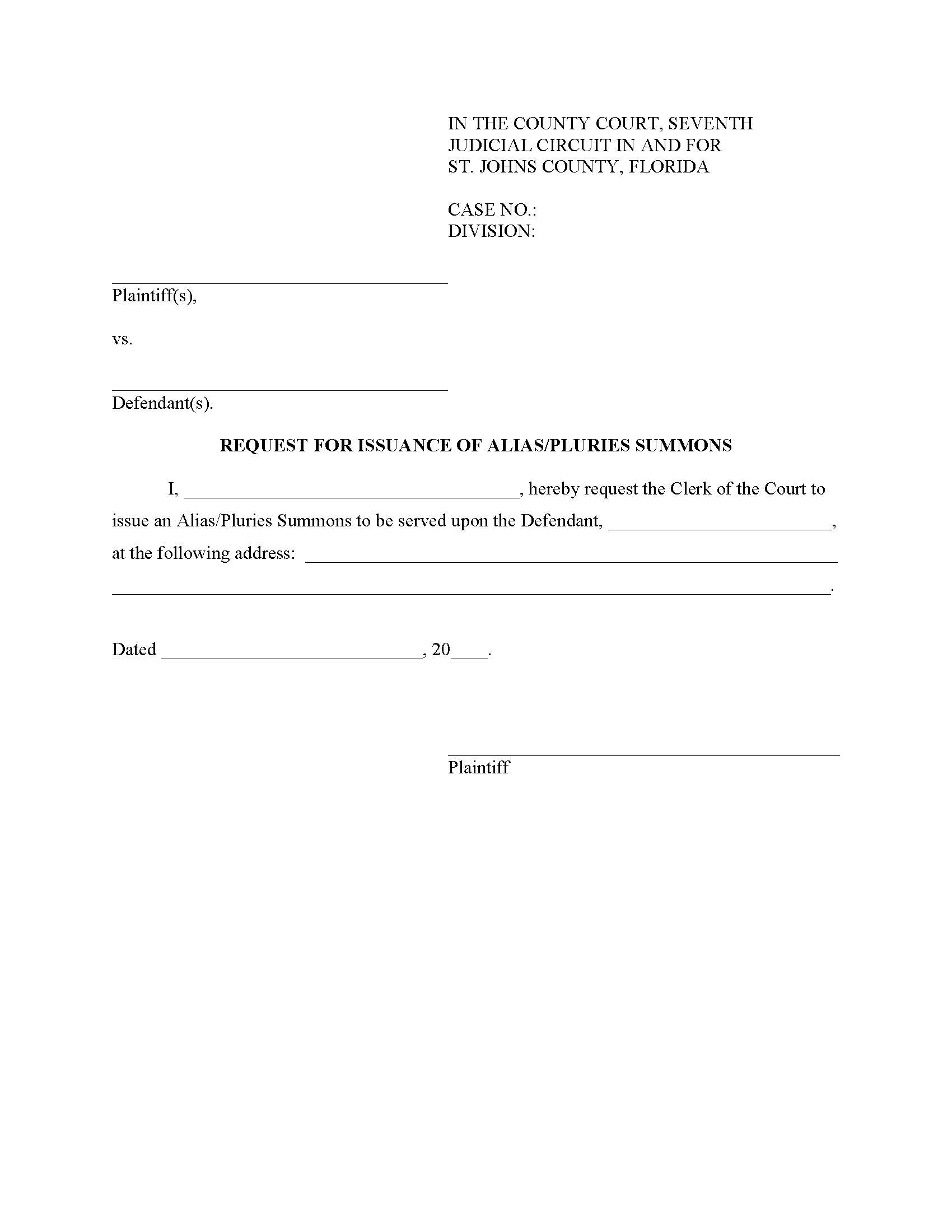 Request For Issuance Of Alias-Pluries Summons | Pdf Fpdf Doc Docx | Florida