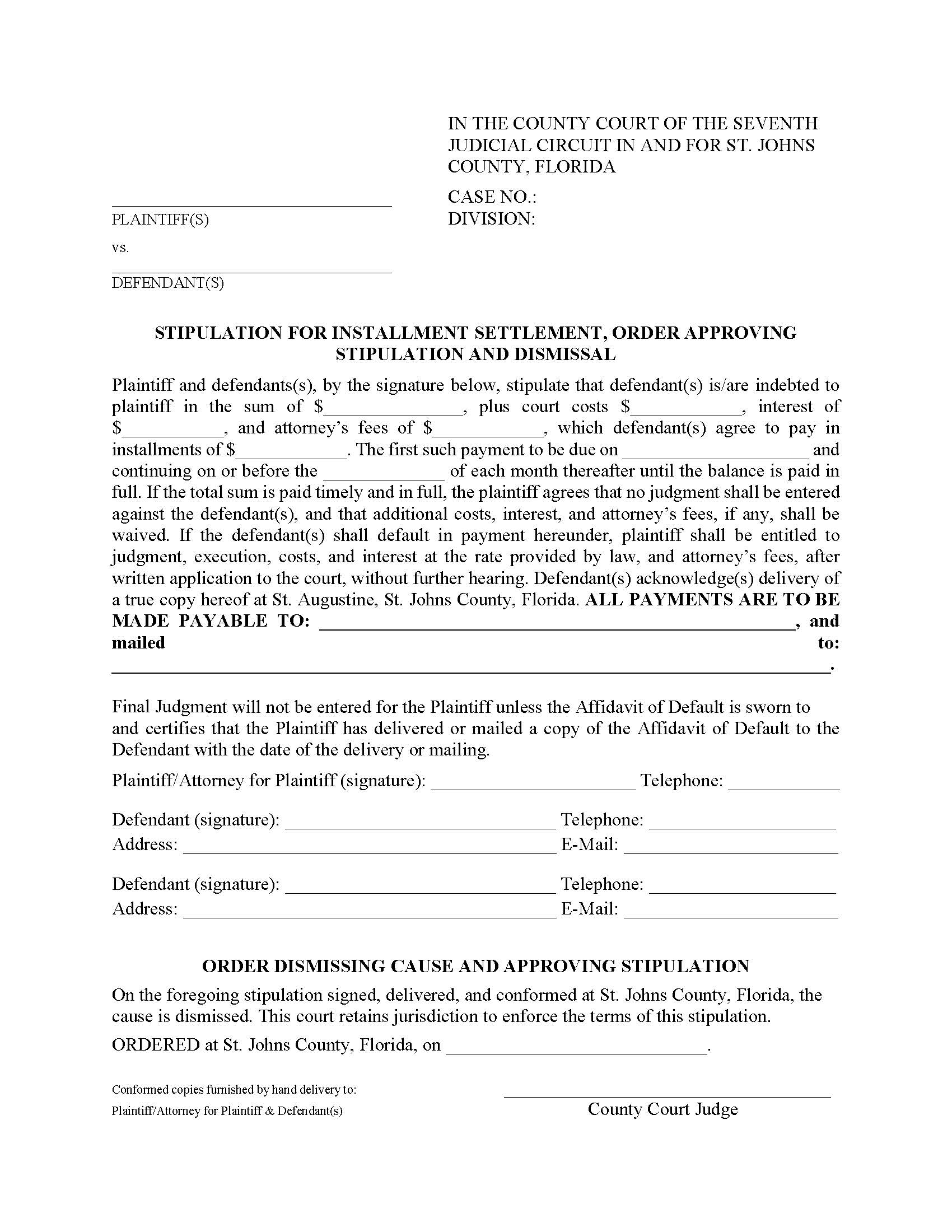 Stipulation For Installment Settlement Order Approving Stipulation And Dismissal | Pdf Fpdf Doc Docx | Florida