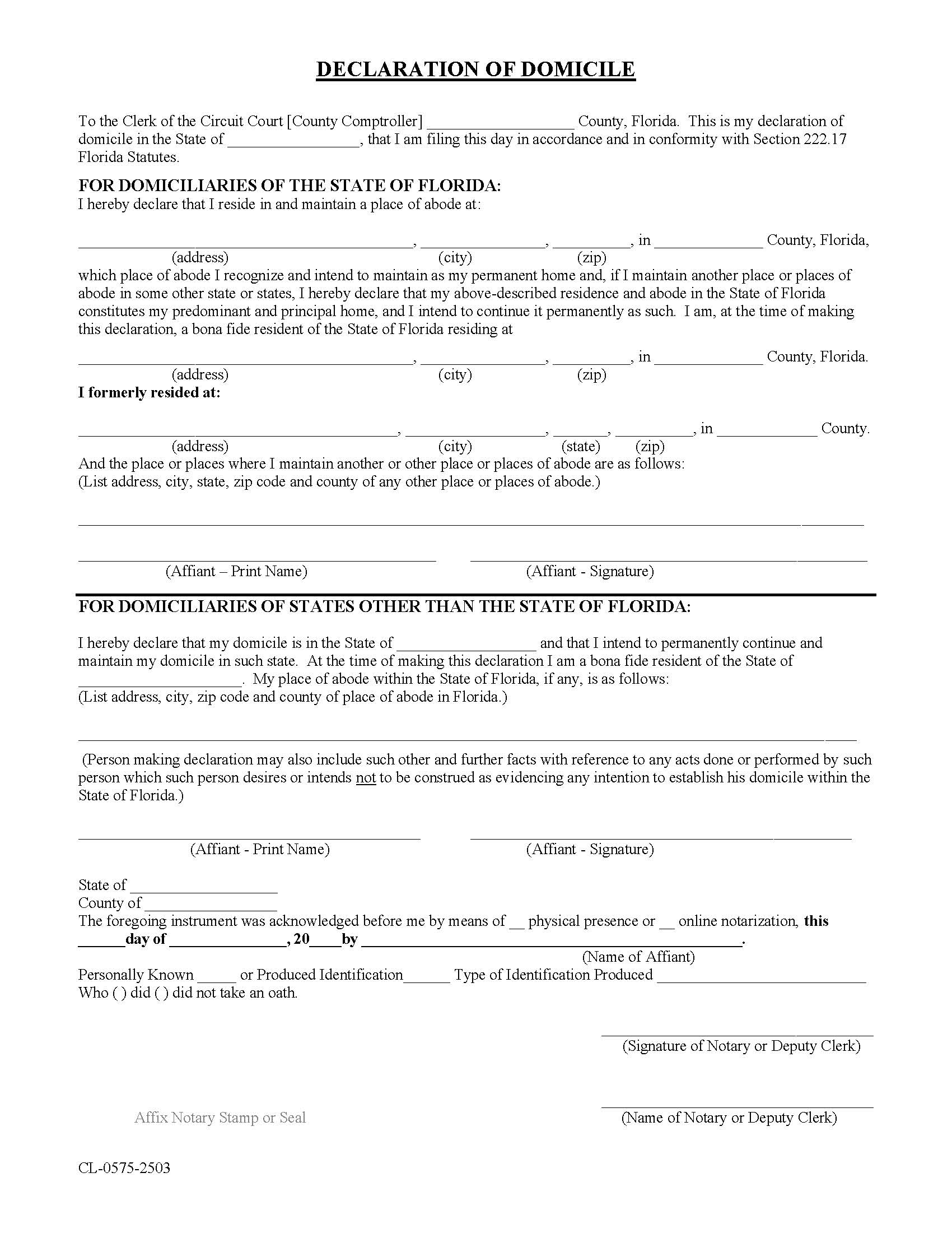 Declaration Of Domicile | Pdf Fpdf Docx | Florida