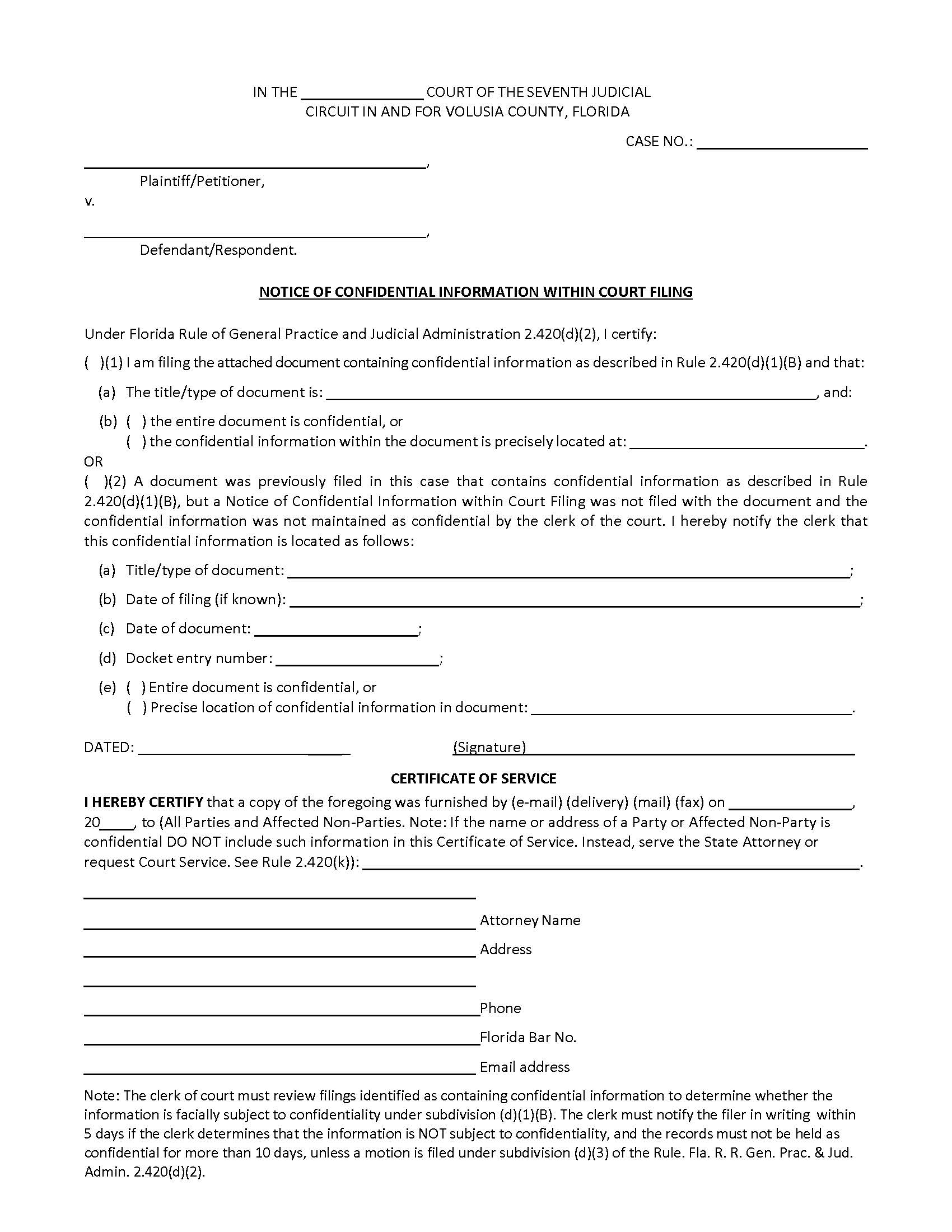 Notice Of Confidential Information Within Court Filing | Pdf Fpdf Doc Docx | Florida
