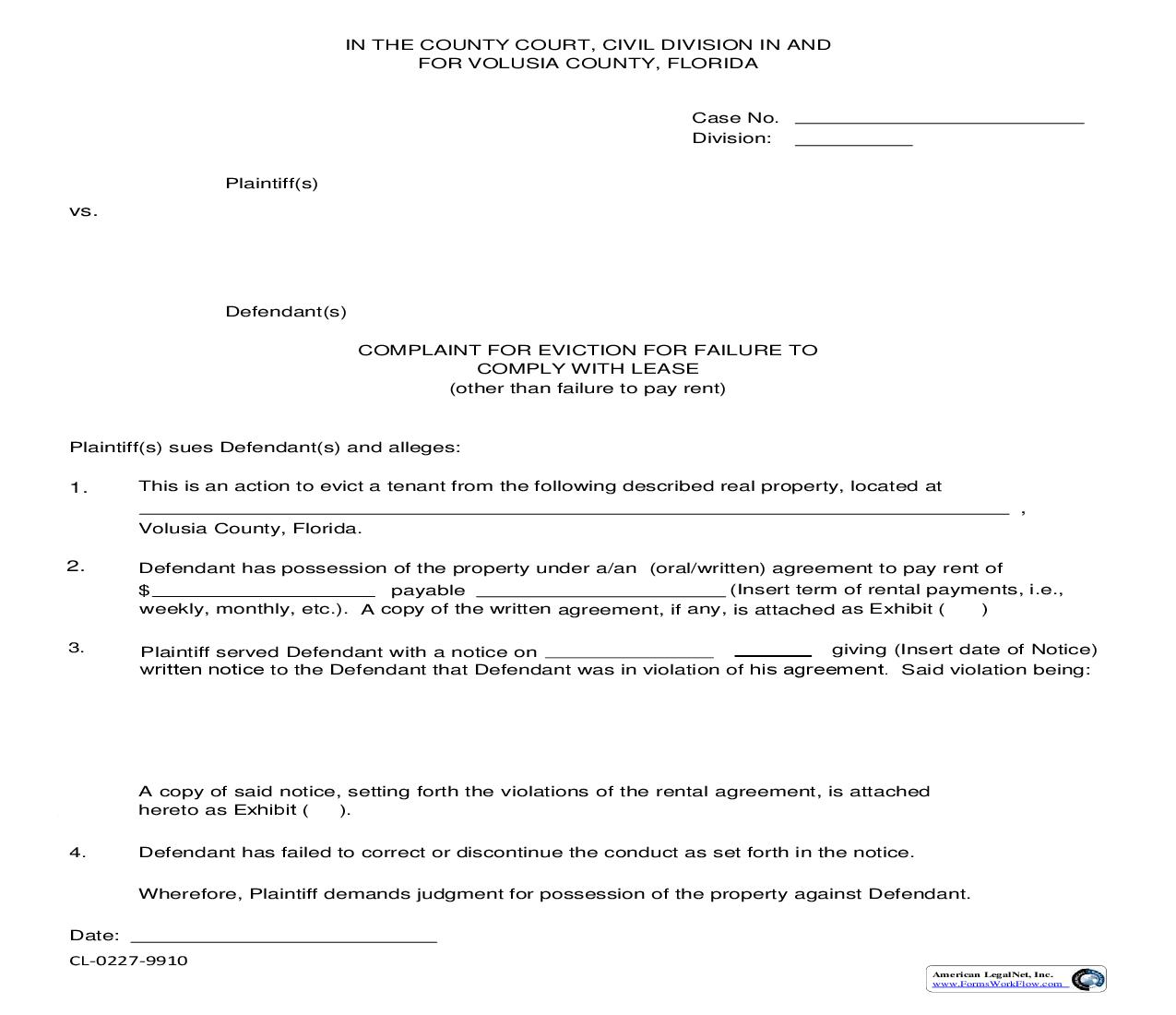 Complaint For Eviction For Failure To Comply With Lease | Pdf Fpdf Doc Docx | Florida
