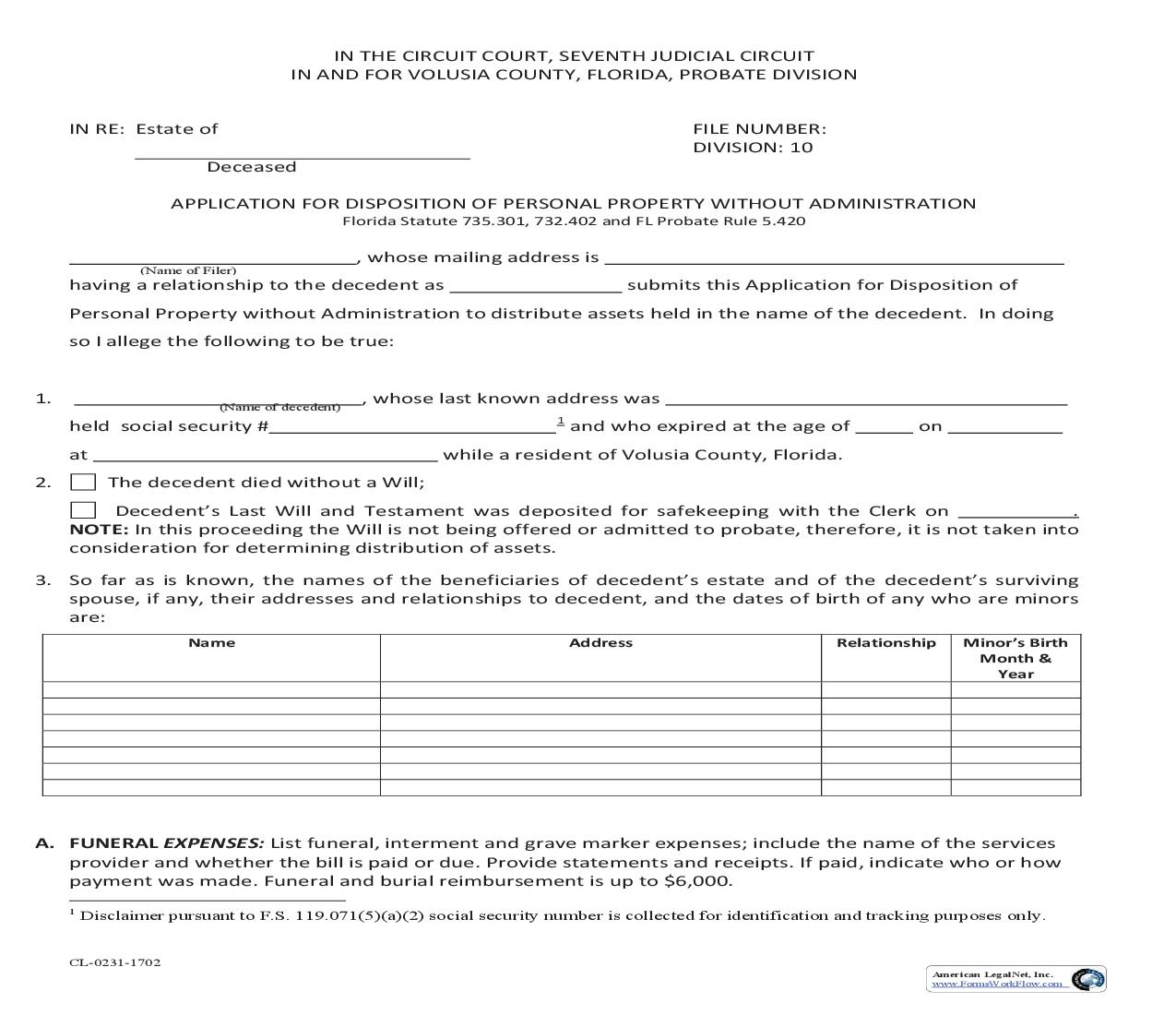Application For Disposition Of Personal Property Without Administration | Pdf Fpdf Doc Docx | Florida