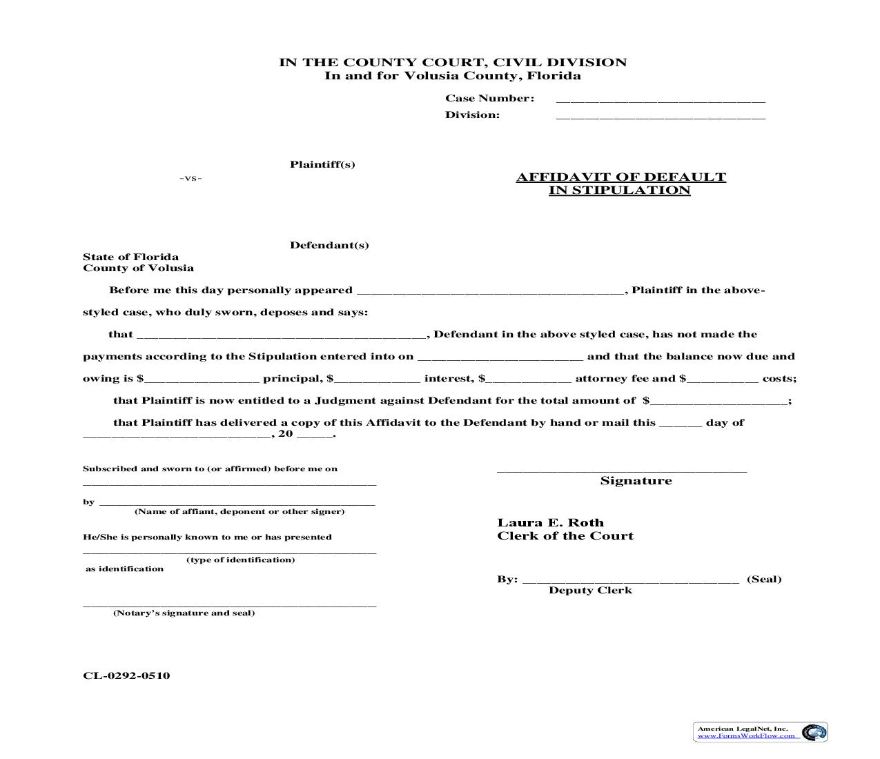 Affidavit Of Default In Stipulation | Pdf Fpdf Doc Docx | Florida