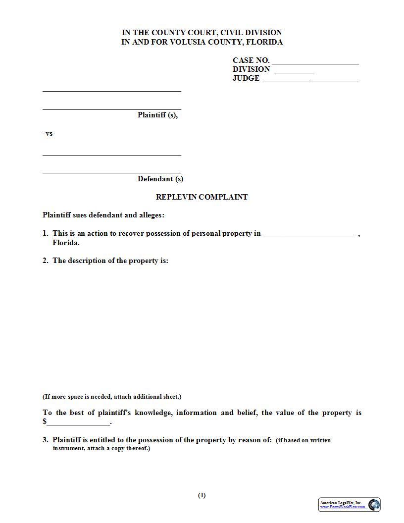 Replevin Complaint | Pdf Fpdf Docx | Florida