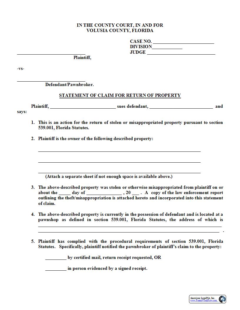 Statement Of Claim For Return Of Property | Pdf Fpdf Docx | Florida
