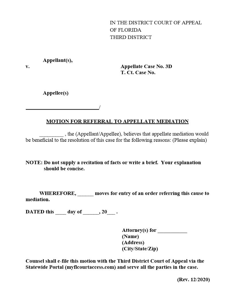 Motion For Referral To Appellate Mediation {3DCA MRAM} | Pdf Fpdf Docx | Florida
