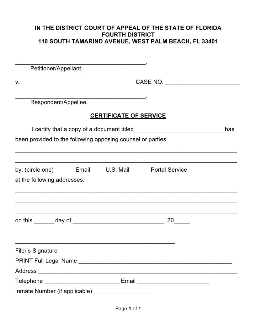 Certificate Of Service {4DCA CoS} | Pdf Fpdf Docx | Florida