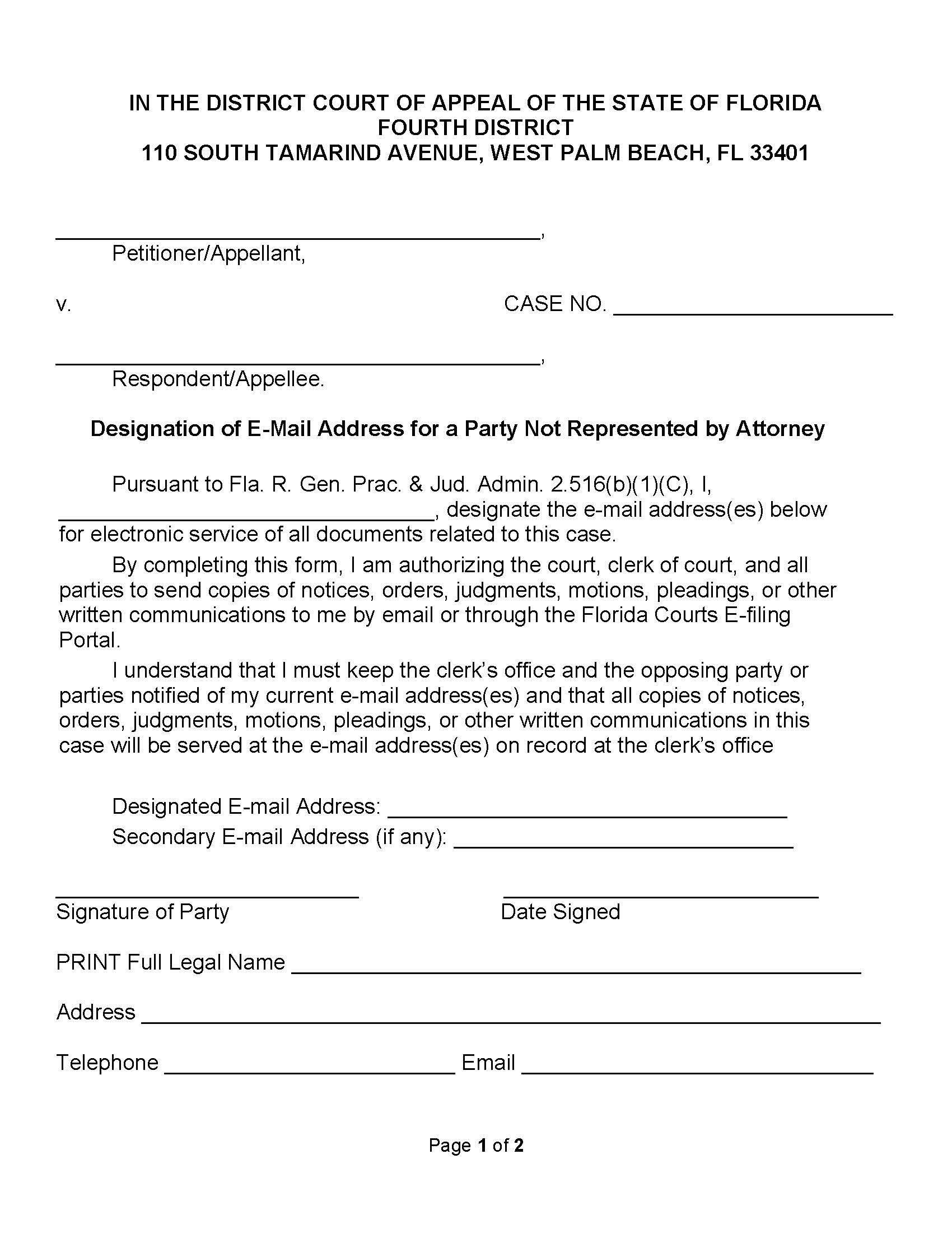 Designation Of Email Address For A Party Not Represented By Attorney | Pdf Fpdf Docx | Florida