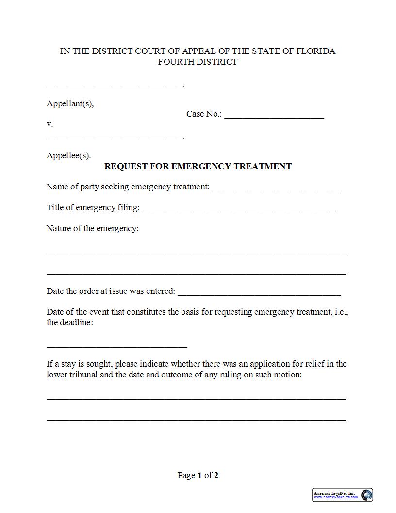 Request For Emergency Treatment | Pdf Fpdf Docx | Florida