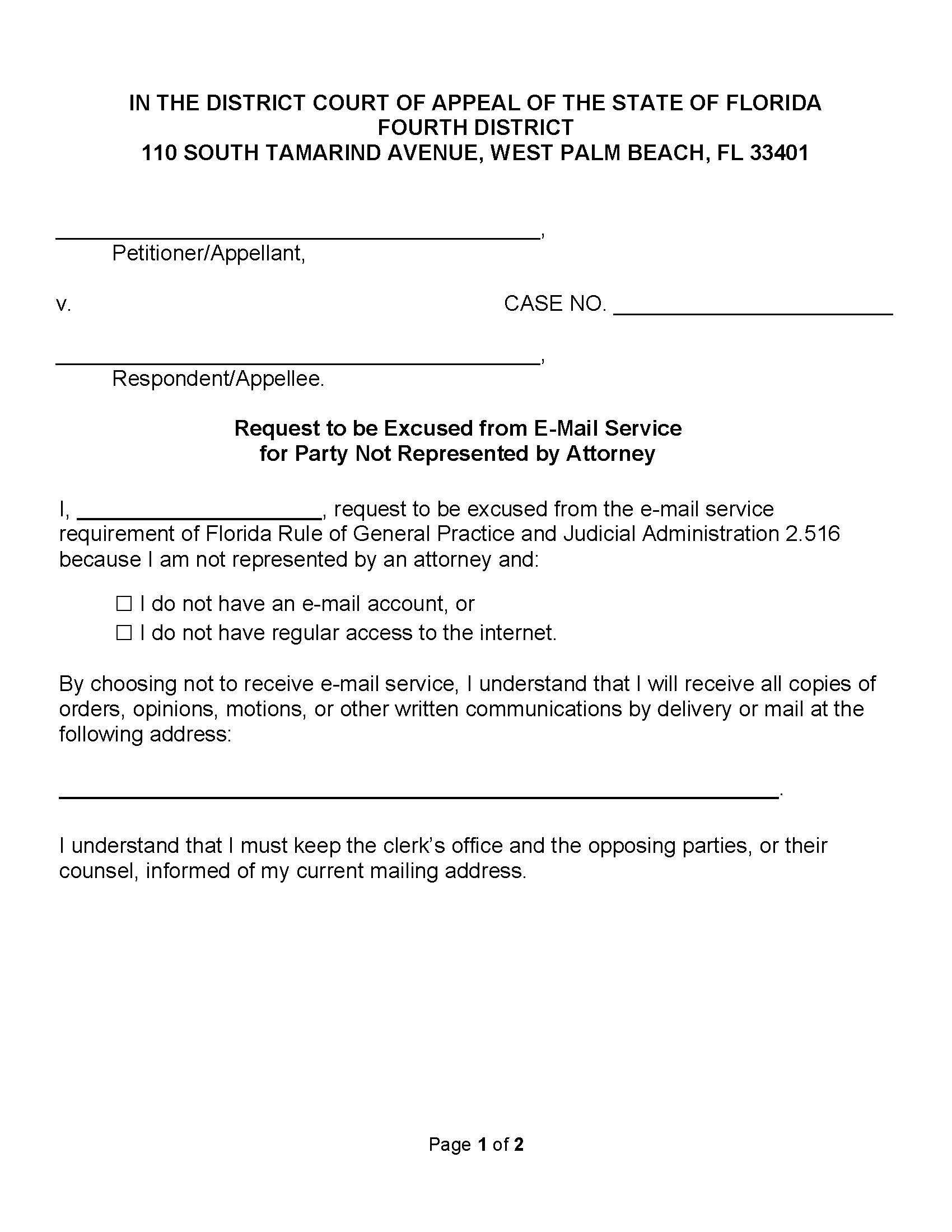 Request To Be Excused From Email Service | Pdf Fpdf Docx | Florida