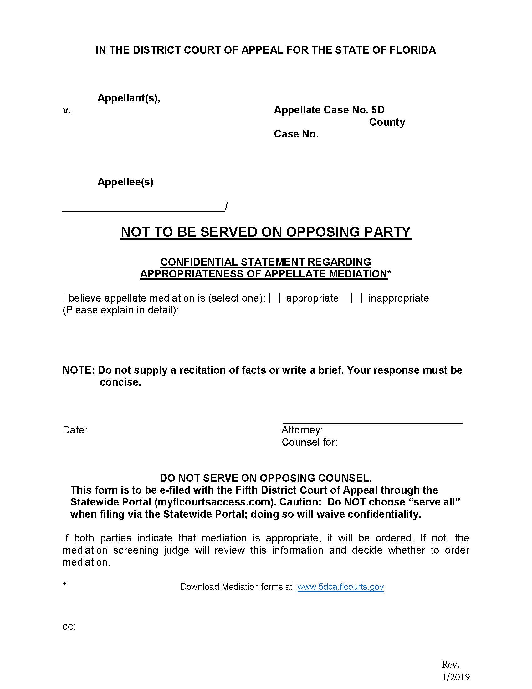 Confidential Statement Regarding Appropriateness Of Appellate Mediation | Pdf Fpdf Docx | Florida