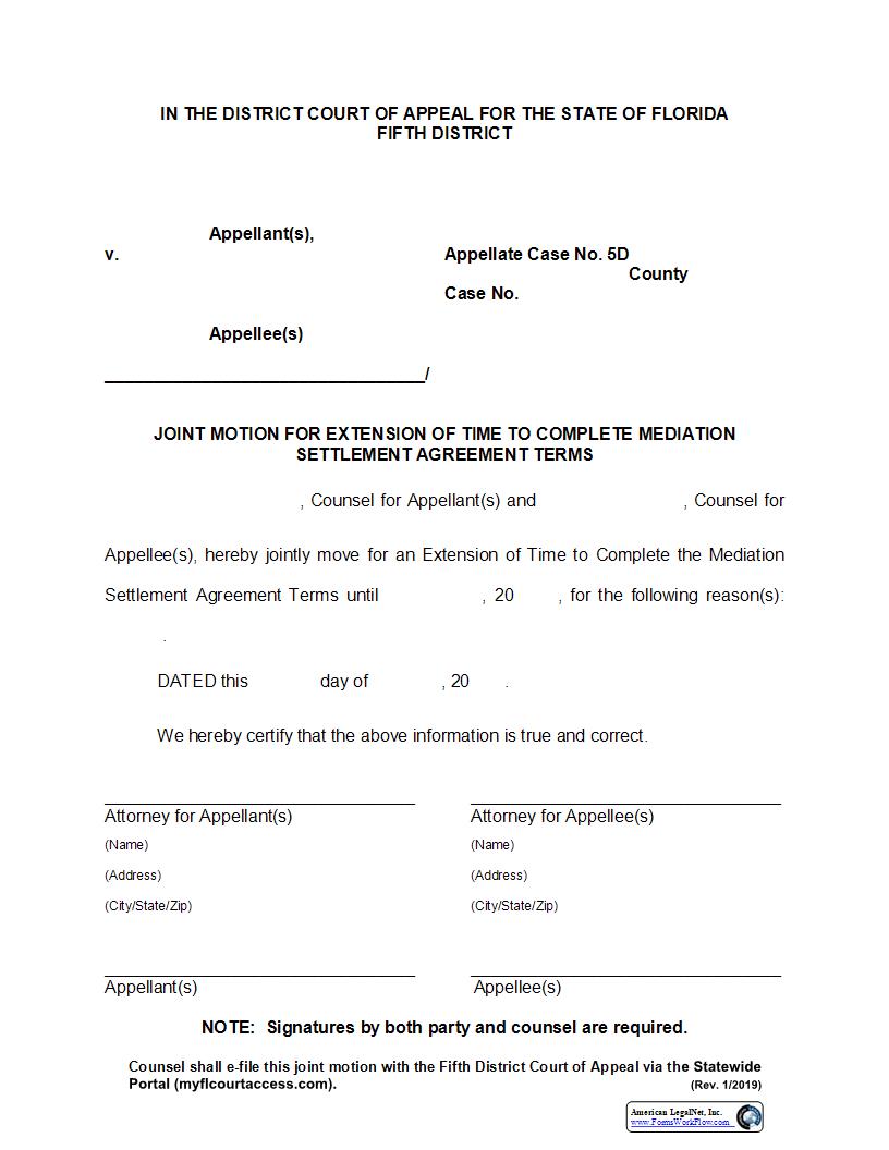 Joint Motion For Extension Of Time To Complete Mediation Settlement Agreement Terms | Pdf Fpdf Docx | Florida