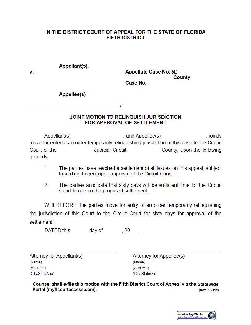 Joint Motion To Relinquish Jurisdiction For Approval Of Settlement | Pdf Fpdf Docx | Florida