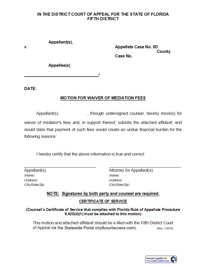 Motion And Affidavit For Waiver Of Mediation Fees | Pdf Fpdf Docx | Florida