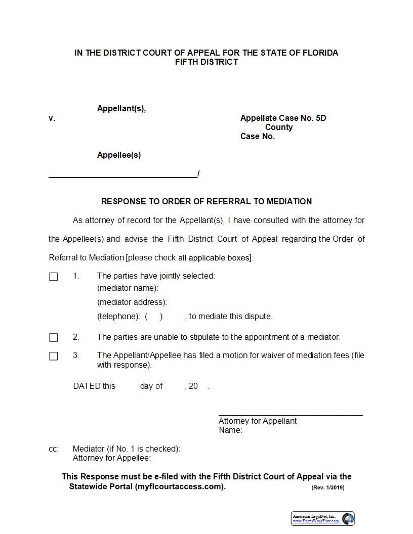 Response To Order Of Referral To Mediation | Pdf Fpdf Docx | Florida