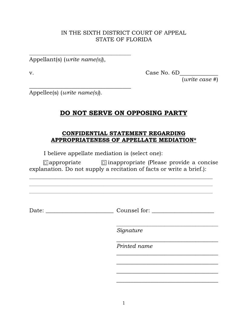 Confidential Statement Regarding Appropriateness Of Appellate Mediation {6DCA CSAAM} | Pdf Fpdf Docx | Florida