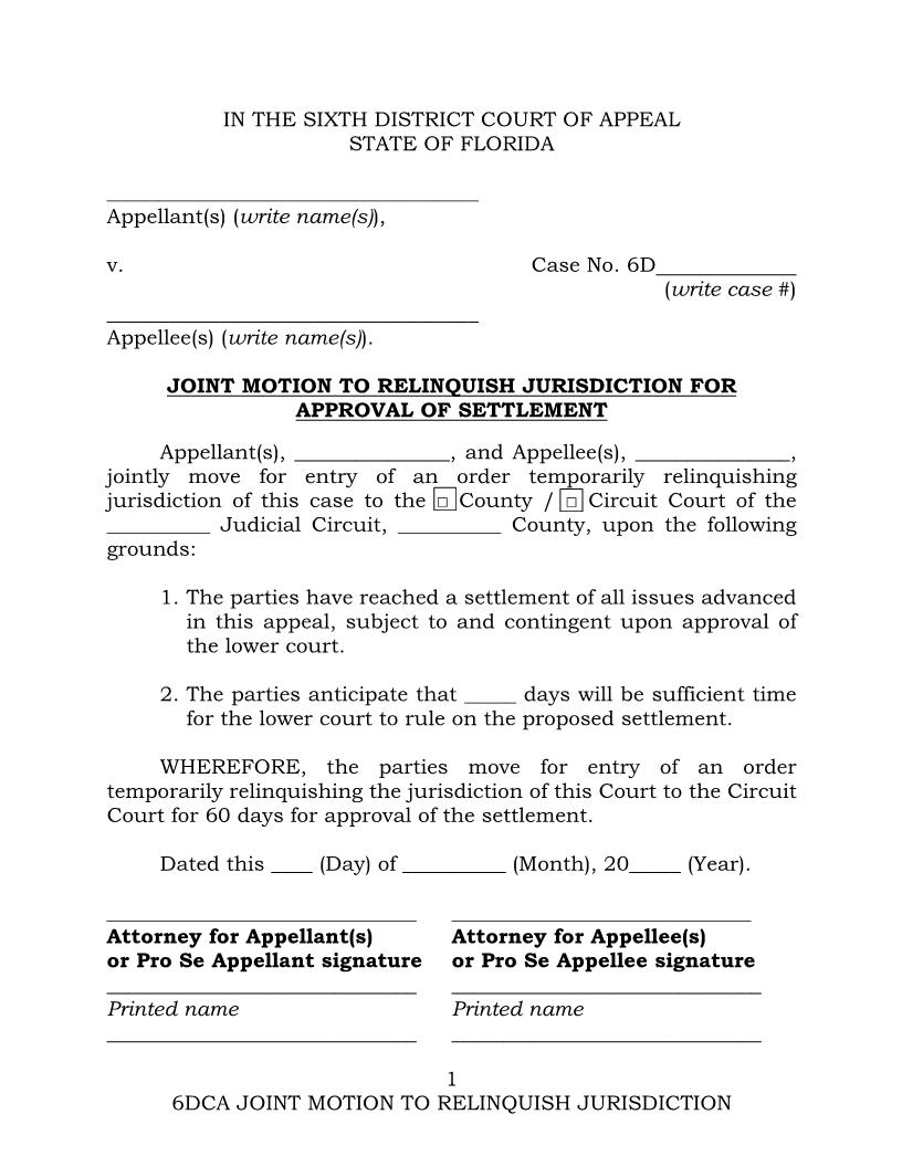Joint Motion To Relinquish Jurisdiction For Approval Of Settlement {6DCA JMRJAS} | Pdf Fpdf Docx | Florida