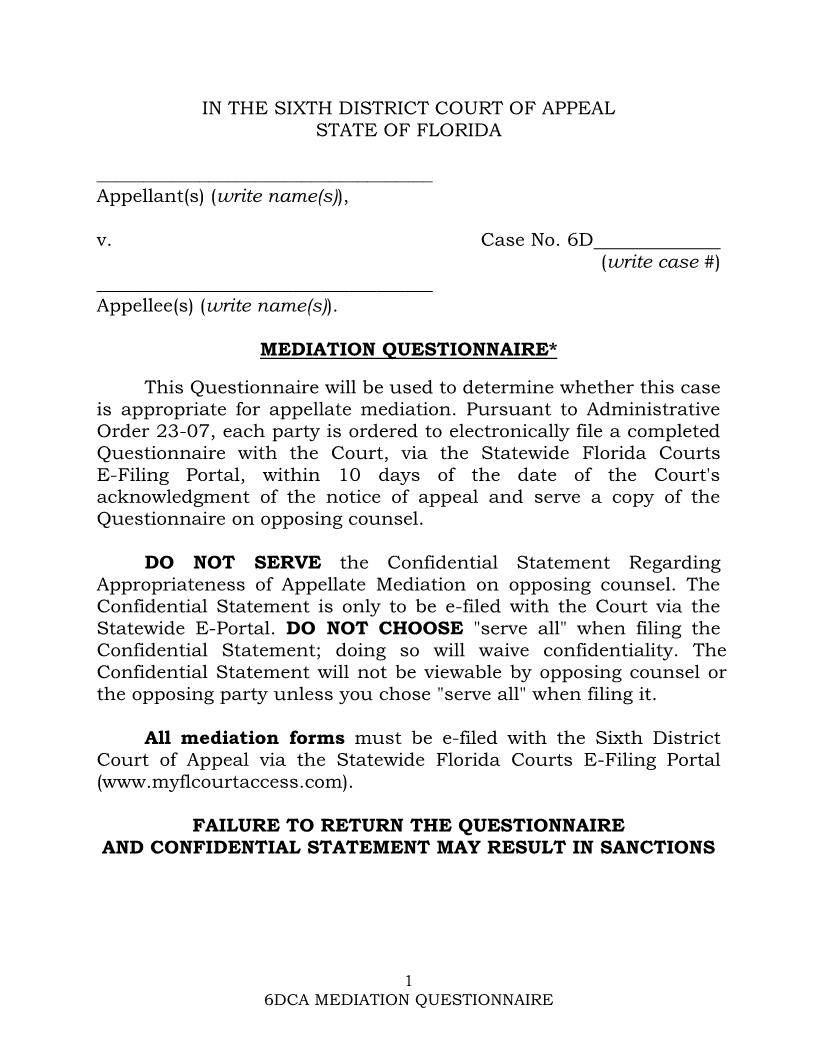 Mediation Questionnaire {6DCA MQ} | Pdf Fpdf Docx | Florida