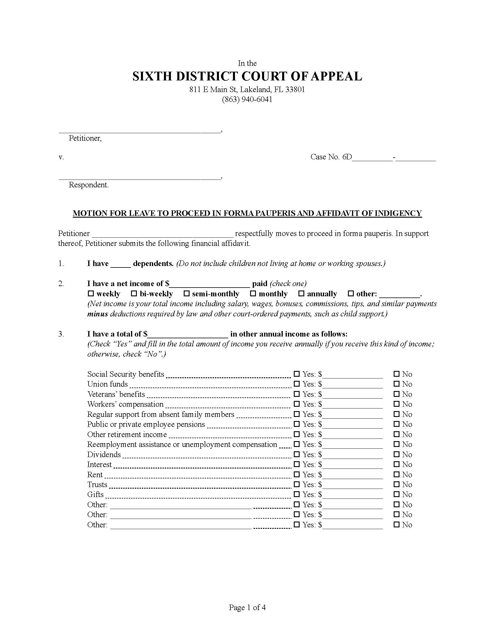 Motion For Leave To Proceed In Forma Pauperis And Affidavit | Pdf Fpdf Docx | Florida