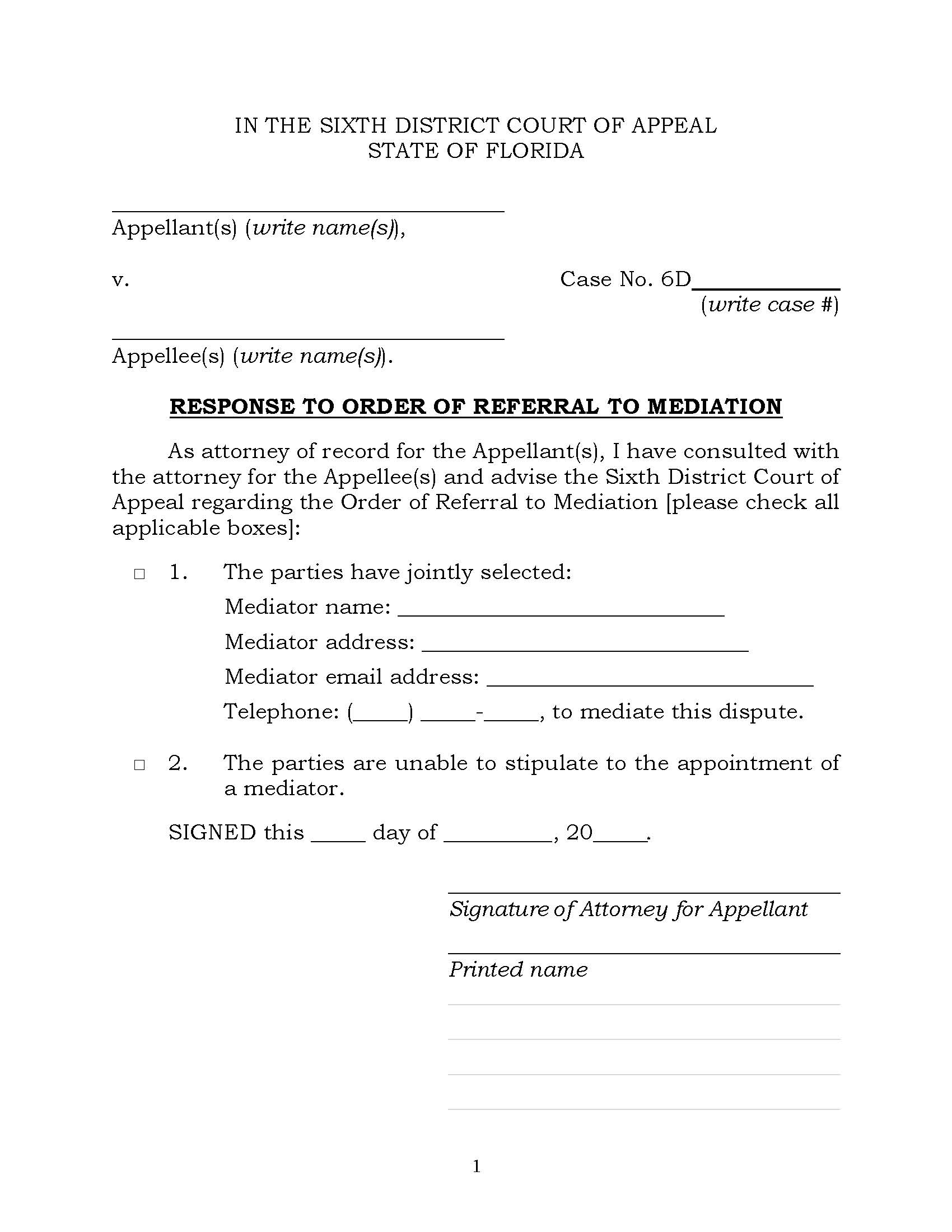 Response To Order Of Referral To Mediation {6DCA RORM} | Pdf Fpdf Docx | Florida