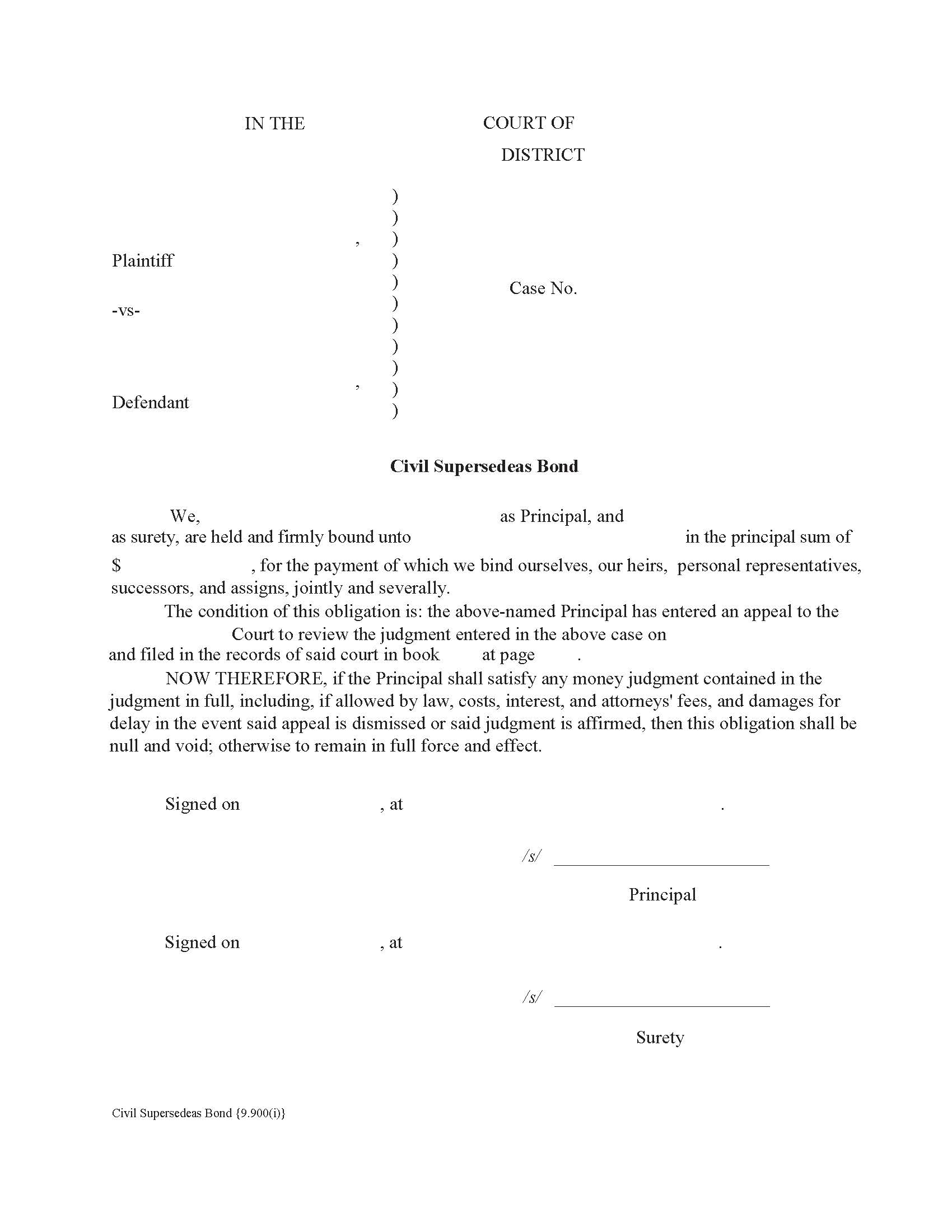 Civil Supersedeas Bond {9.900(i)} | Pdf Fpdf Docx | Florida