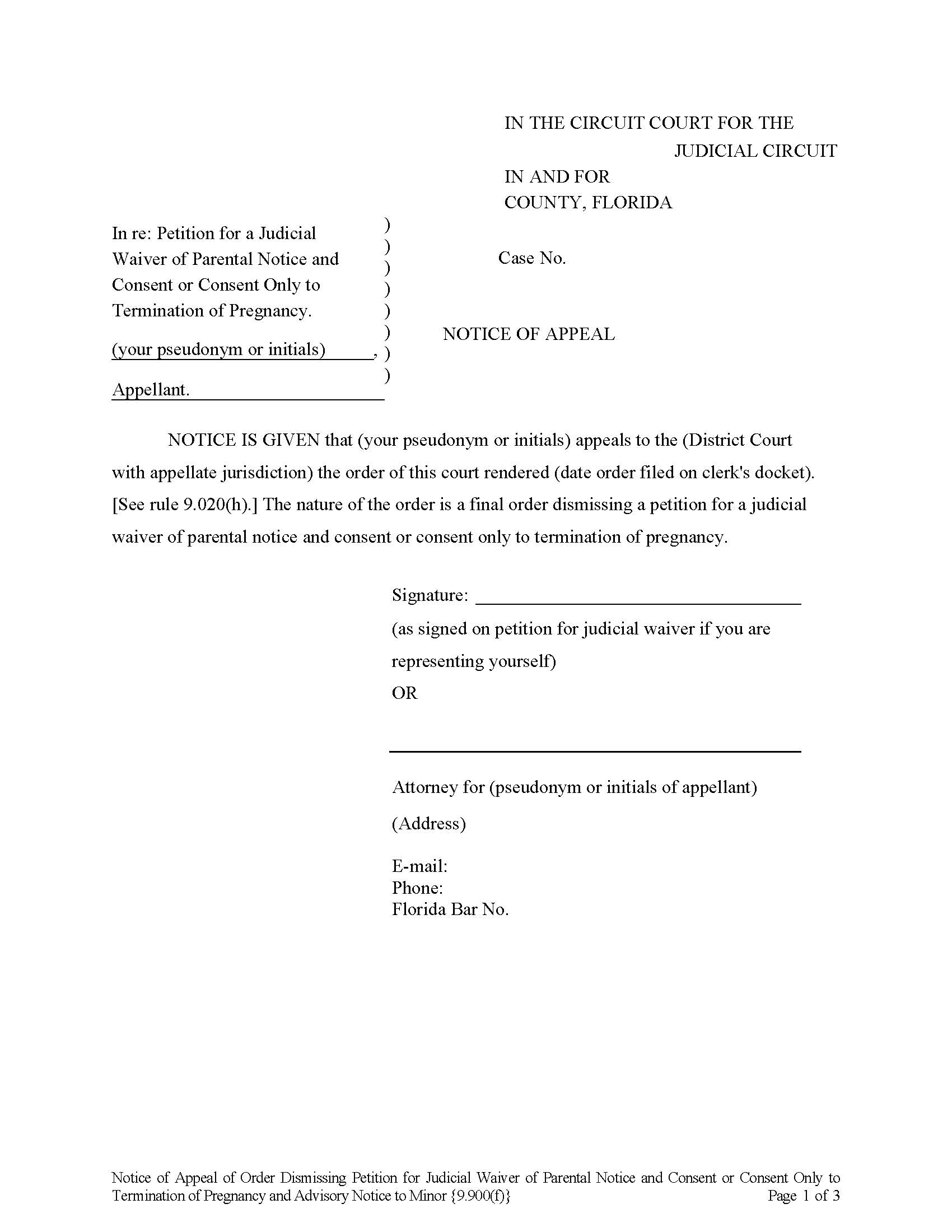 Notice Of Appeal Waiver Parental Notice And Consent-Consent Only Termination Pregnancy {9.900(f)} | Pdf Fpdf Docx | Florida