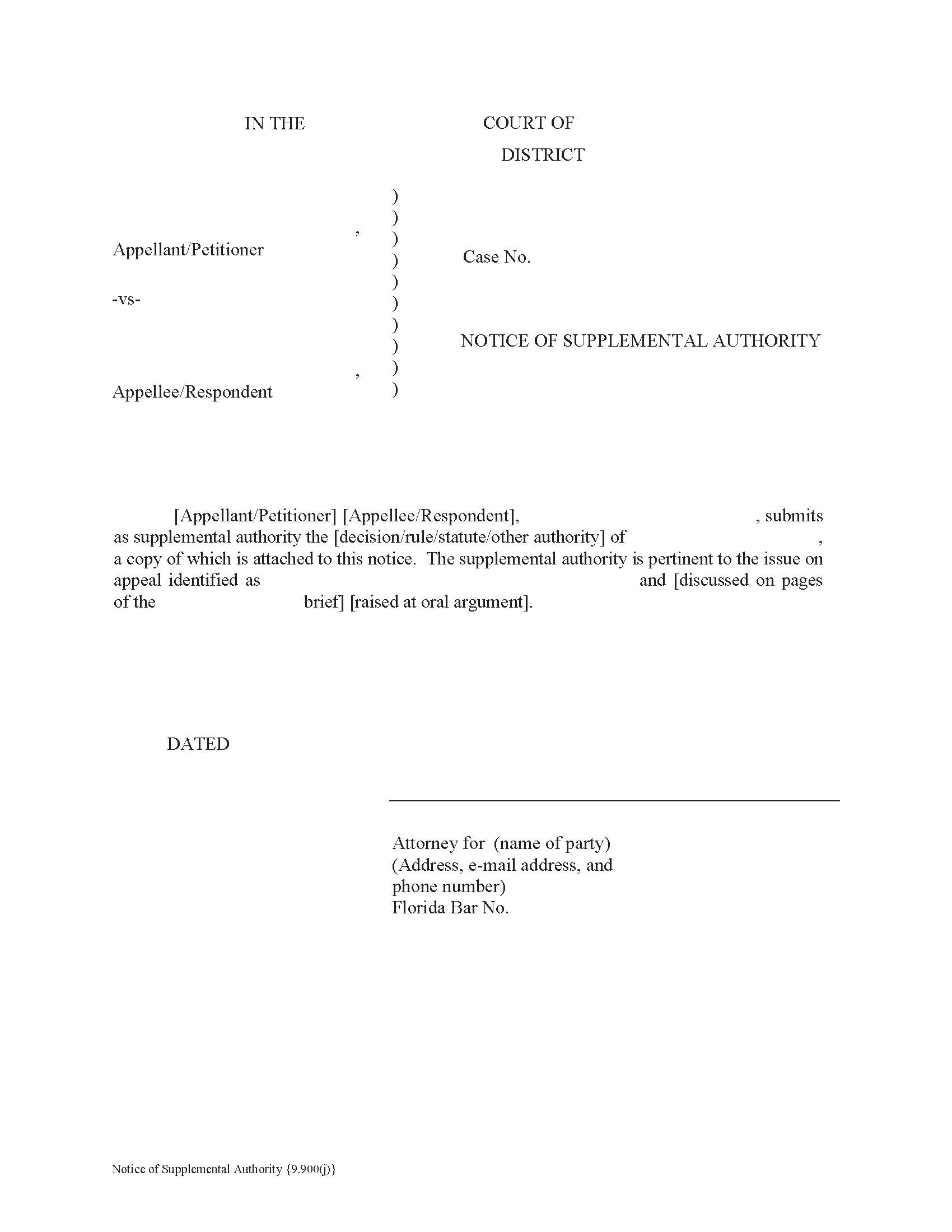 Notice Of Supplemental Authority {9.900(j)} | Pdf Fpdf Docx | Florida