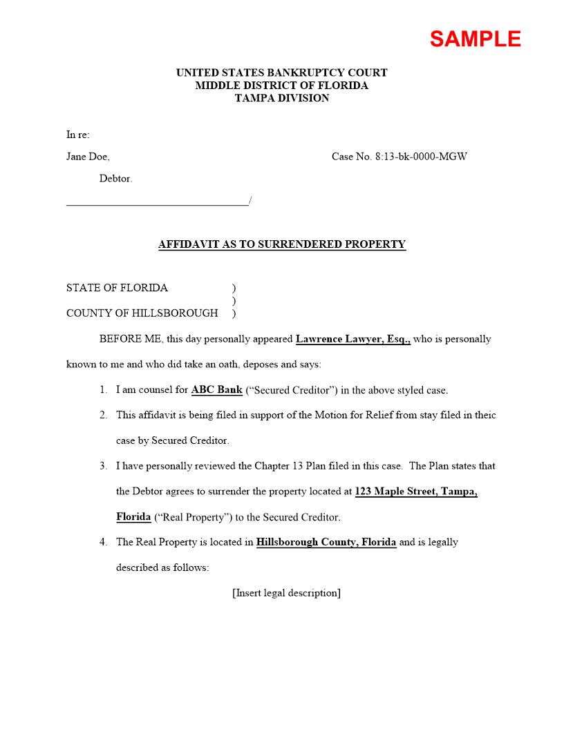Affidavit Of Surrendered Property (Sample And Form) (Judge McEwen) | Pdf Fpdf Docx | Florida