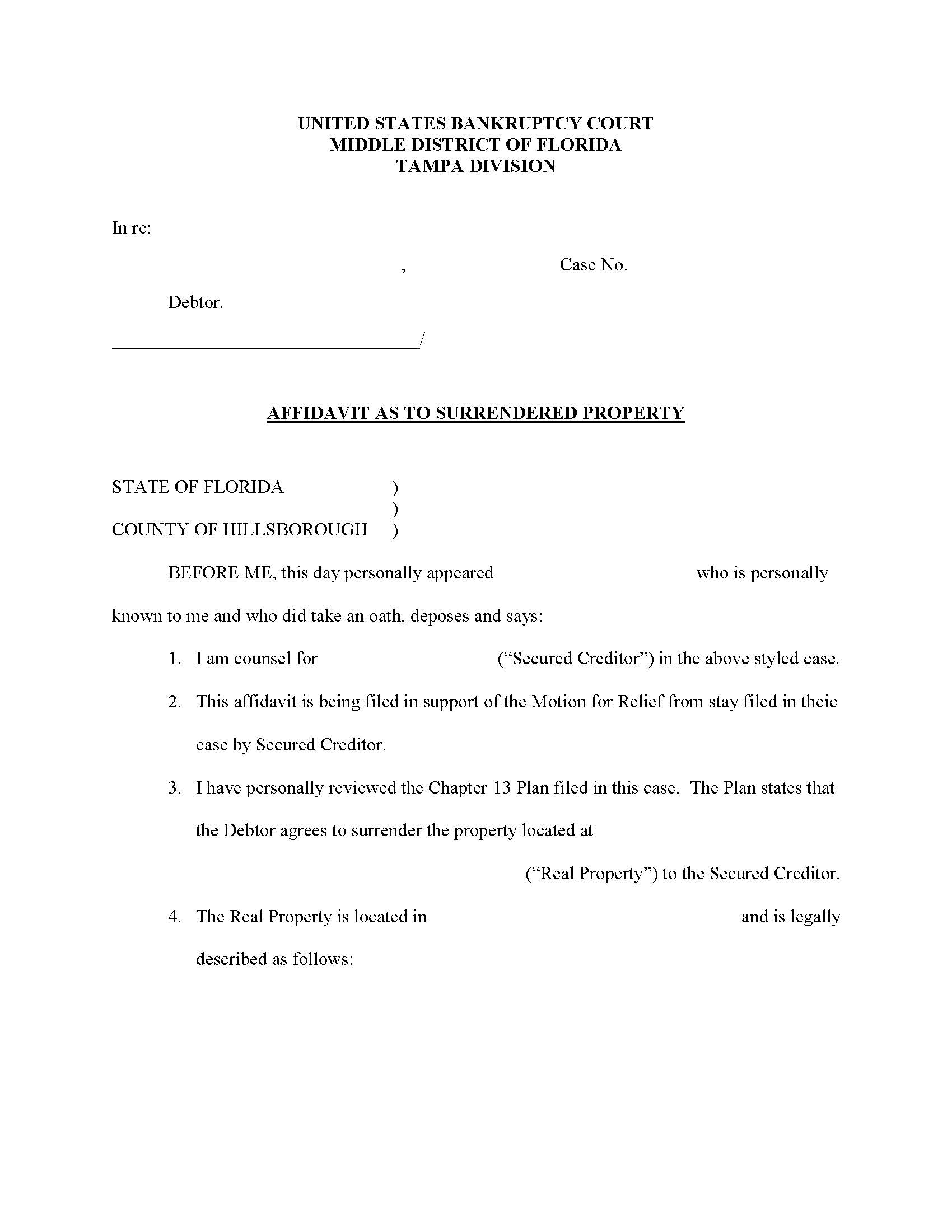 Affidavit Of Surrendered Property (Sample And Form) (Judge McEwen) | Pdf Fpdf Docx | Florida