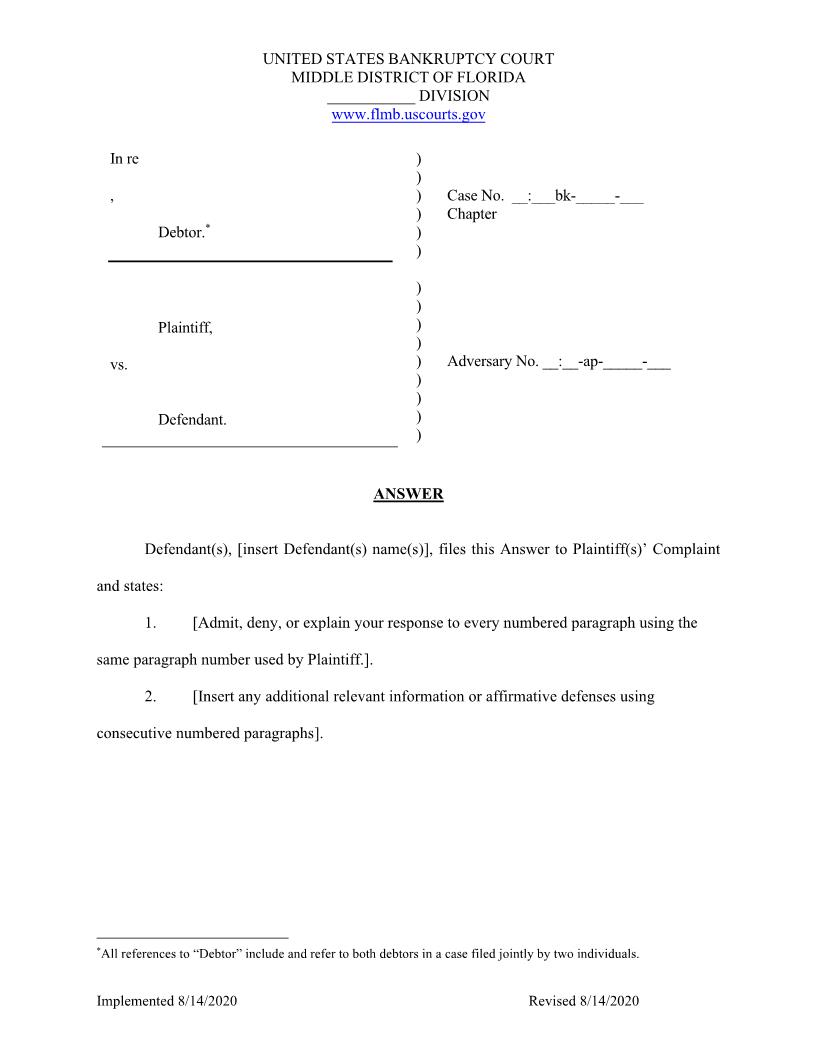 Answer (Adversary) (Sample) | Pdf Fpdf Docx | Florida