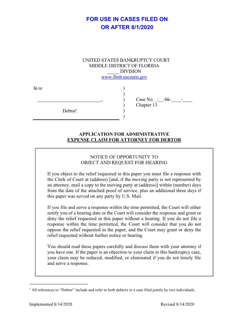 Application For Administrative Expense Claim For Attorney For Debtor (Sample) | Pdf Fpdf Docx | Florida