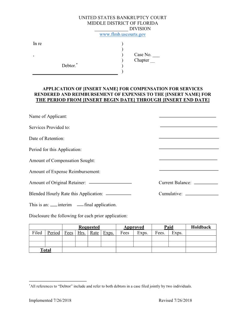 Application For Compensation And Reimbursment (Local Rule Summary Chapter 11) | Pdf Fpdf Docx | Florida