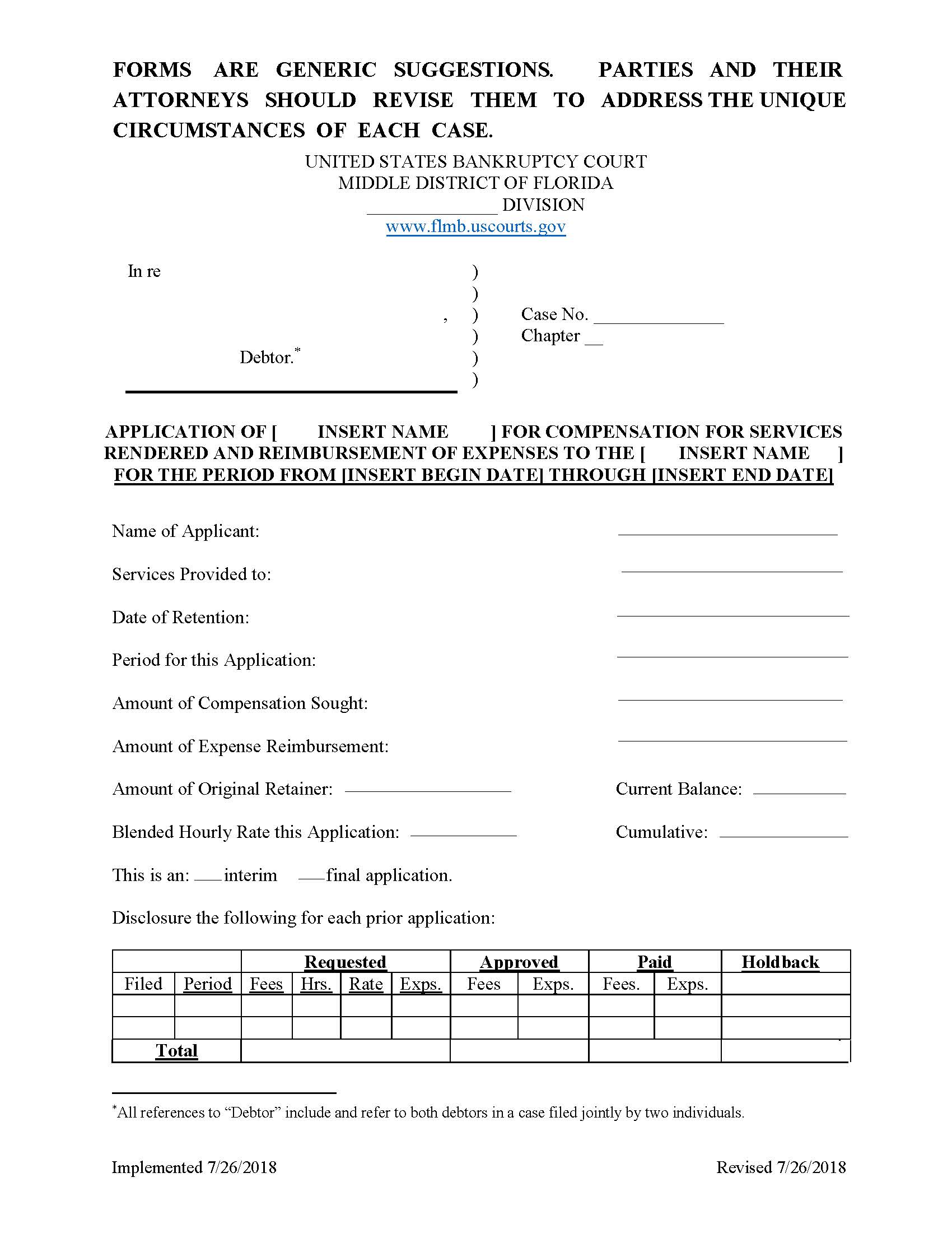 Application For Compensation For Services Rendered And Reimbursement (Chapter 11) {FLMB ACSR-Ch11} | Pdf Fpdf Doc Docx | Florida