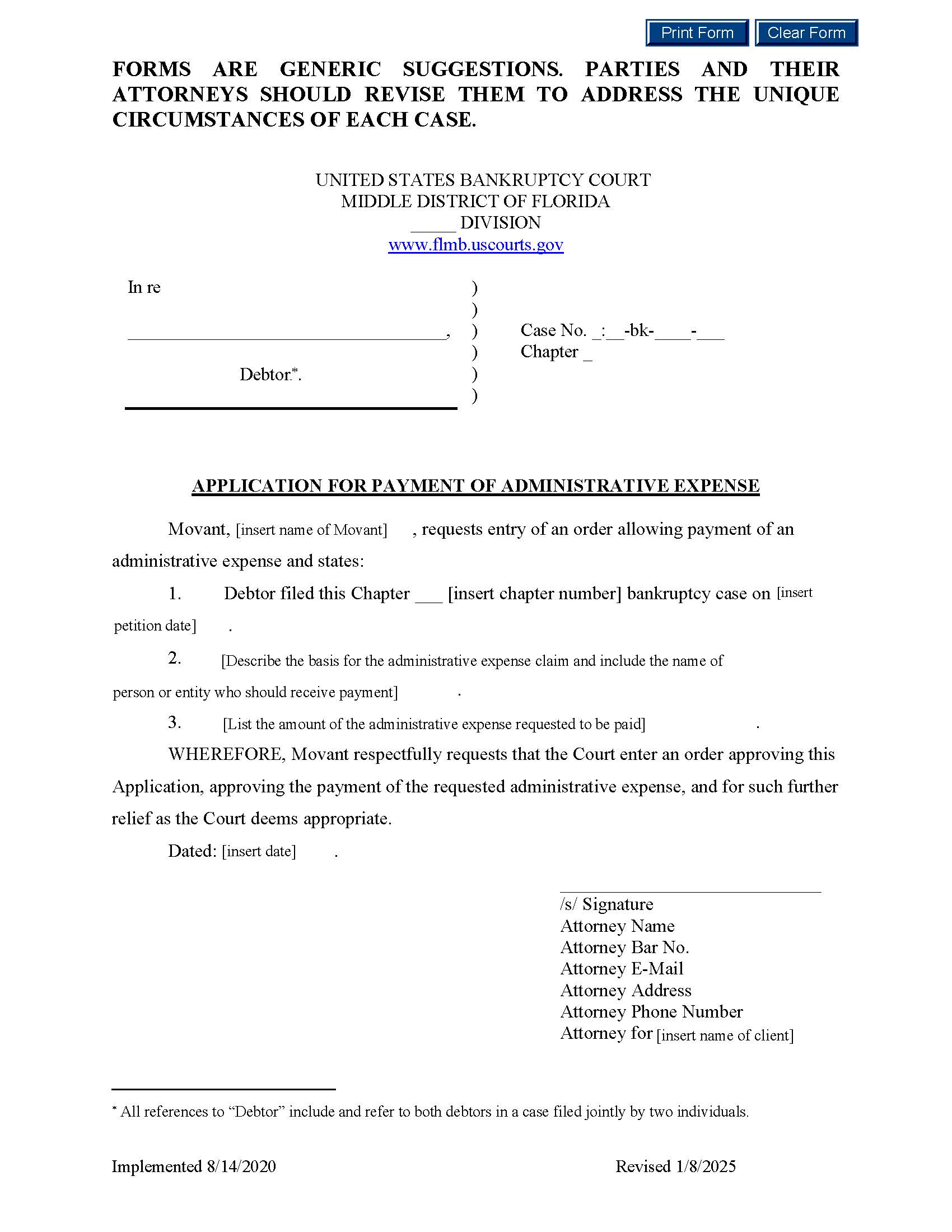 Application For Payment Of Administrative Expense (Sample) | Pdf Fpdf Docx | Florida