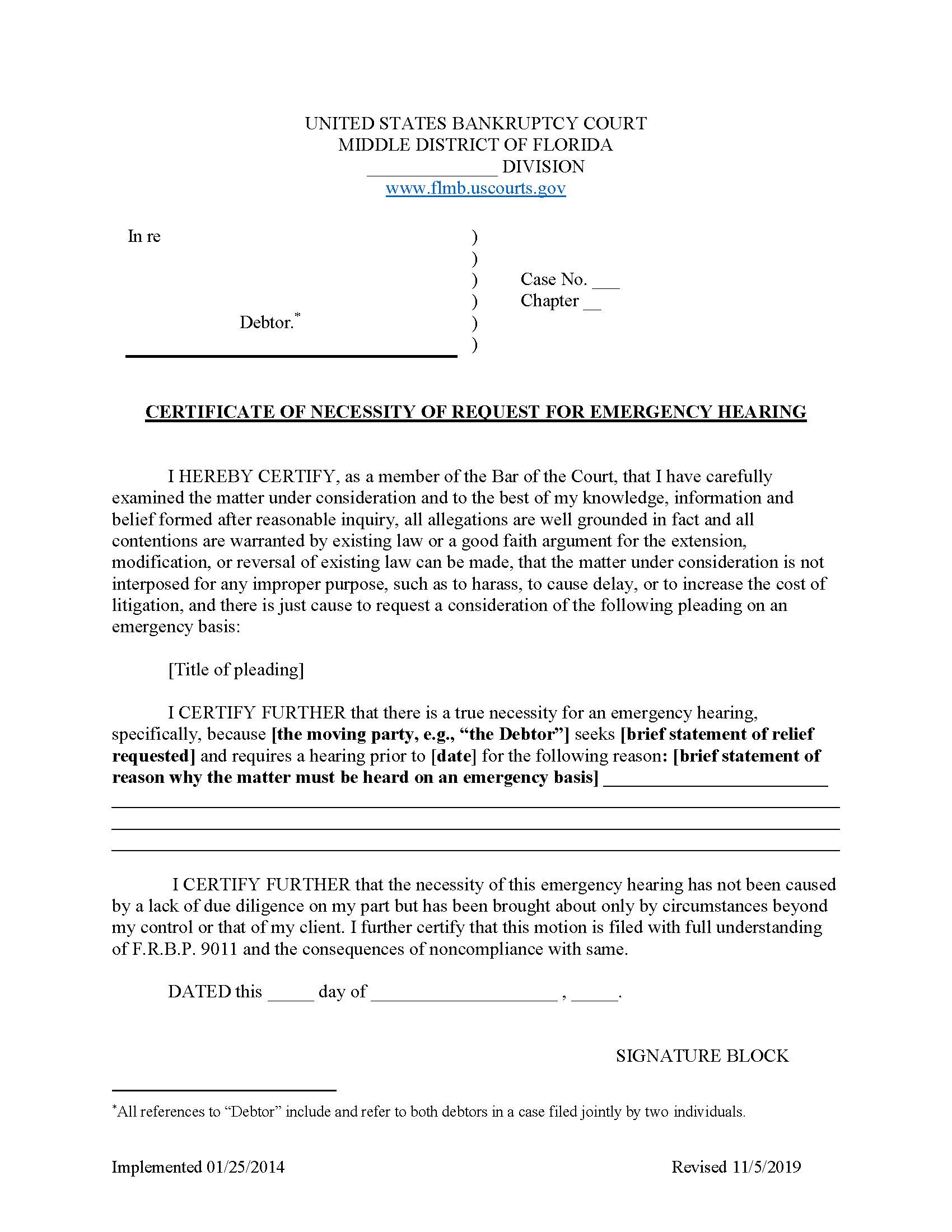 Certification Of Necessity Of Request For Emergency Hearing {FLMB CNREH} | Pdf Fpdf Doc Docx | Florida