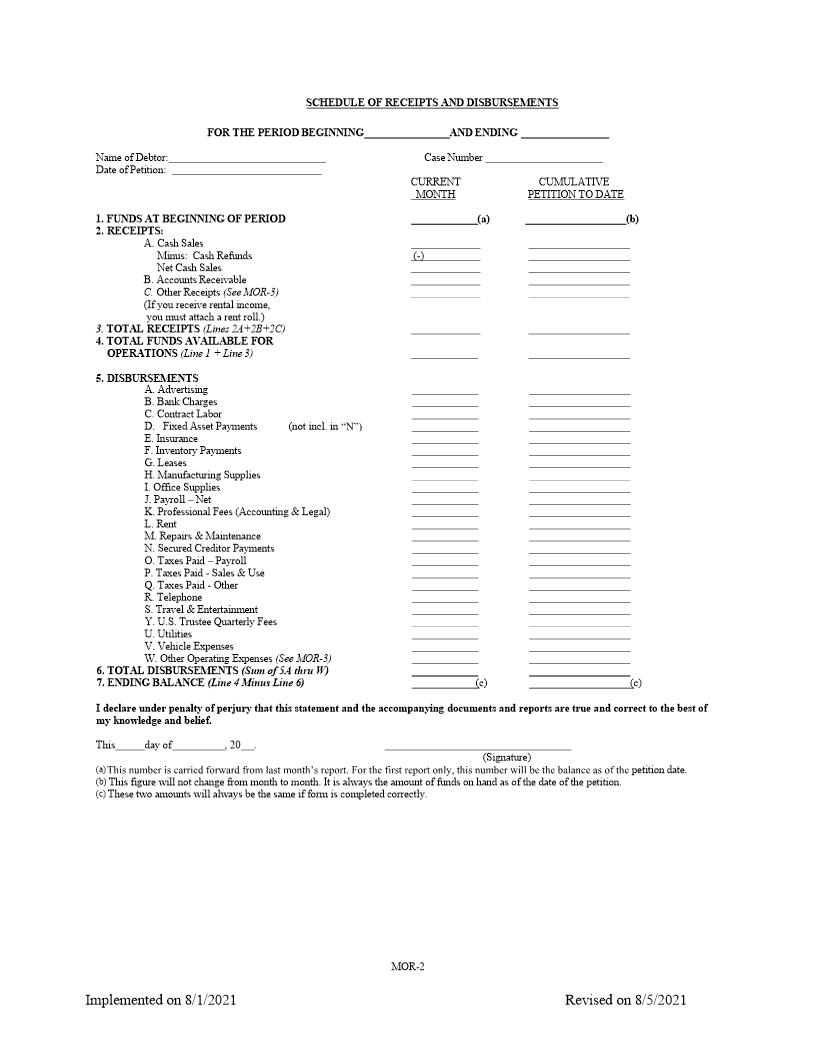 Chapter 11 Case - Small Business SubV Debtor Monthly Operating Report {FLMB Ch11_MOR} | Pdf Fpdf Docx | Florida