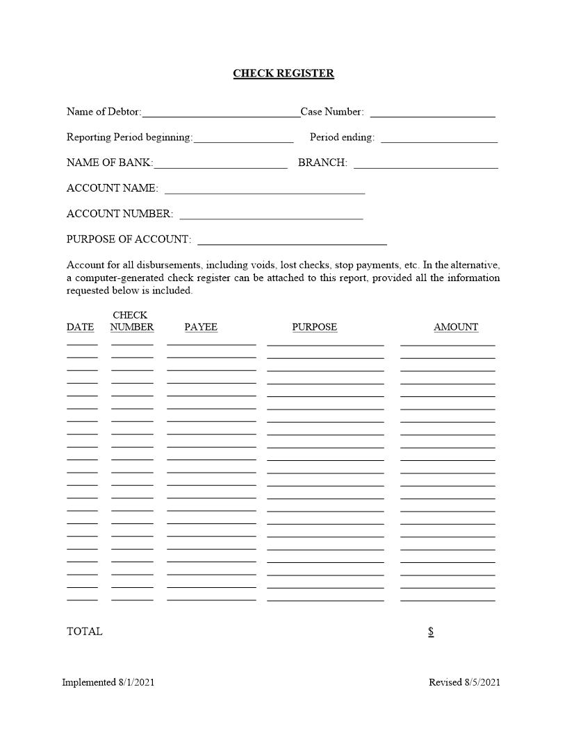 Check Register (Chapter 11 Case - Small Business SubV Debtor) {FLMB CR_Ch11} | Pdf Fpdf Docx | Florida