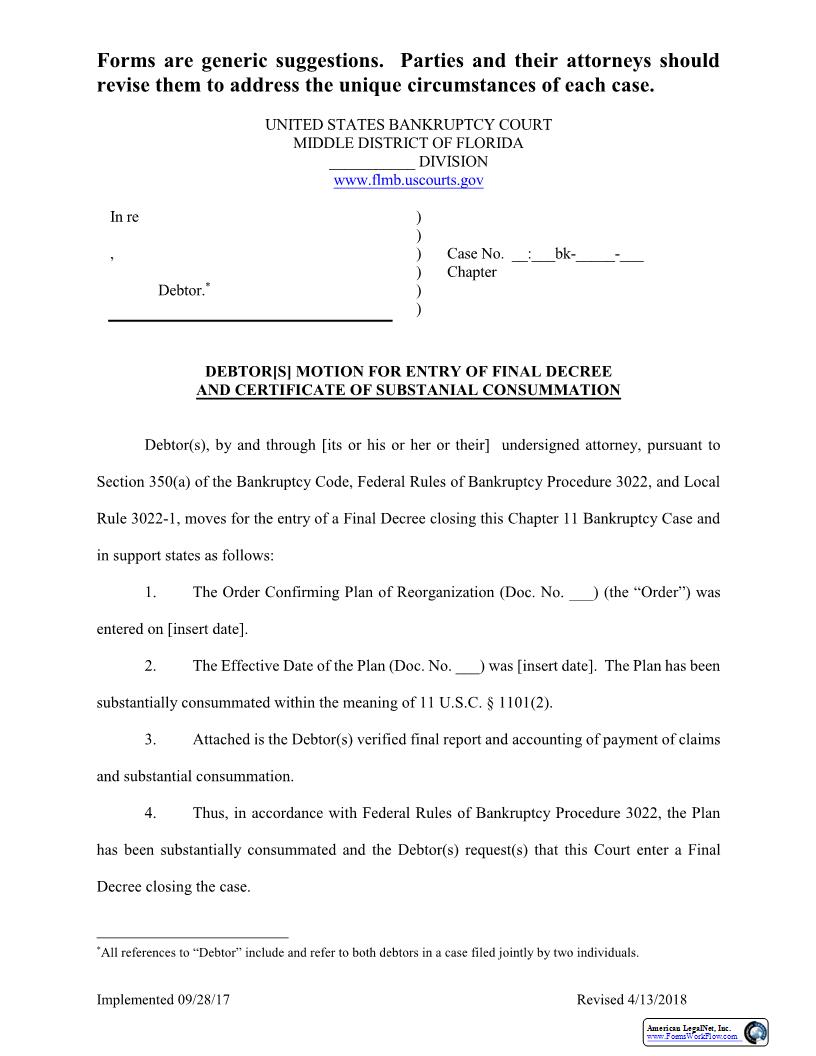 Debtor Motion Entry Of Final Decree Substantial Consummation (Sample-Form) {FLMB DMEFD} | Pdf Fpdf Docx | Florida