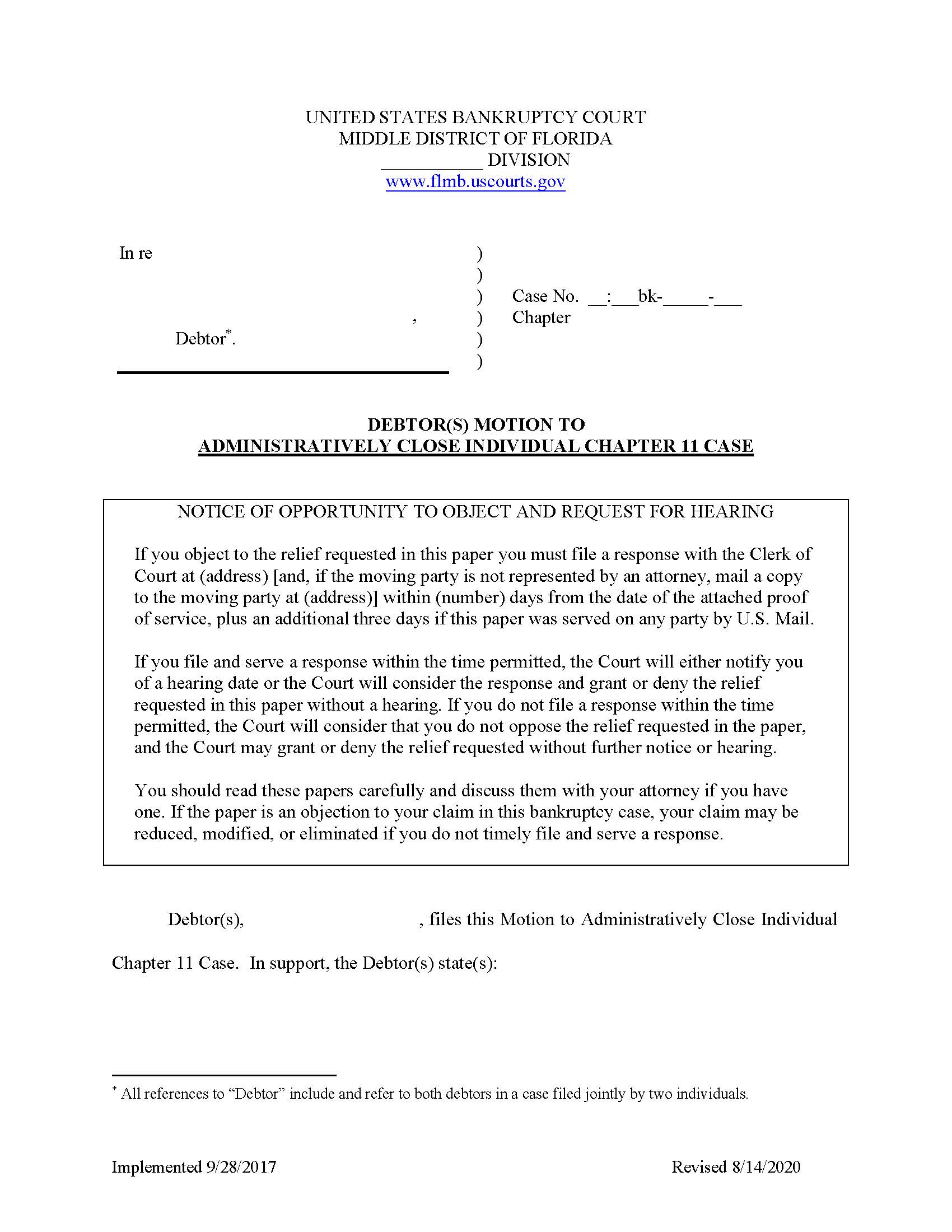 Debtors Motion To Administratively Close Ch 11 Case (Sample And Form) {FLMB MAC-CH11} | Pdf Fpdf Docx | Florida