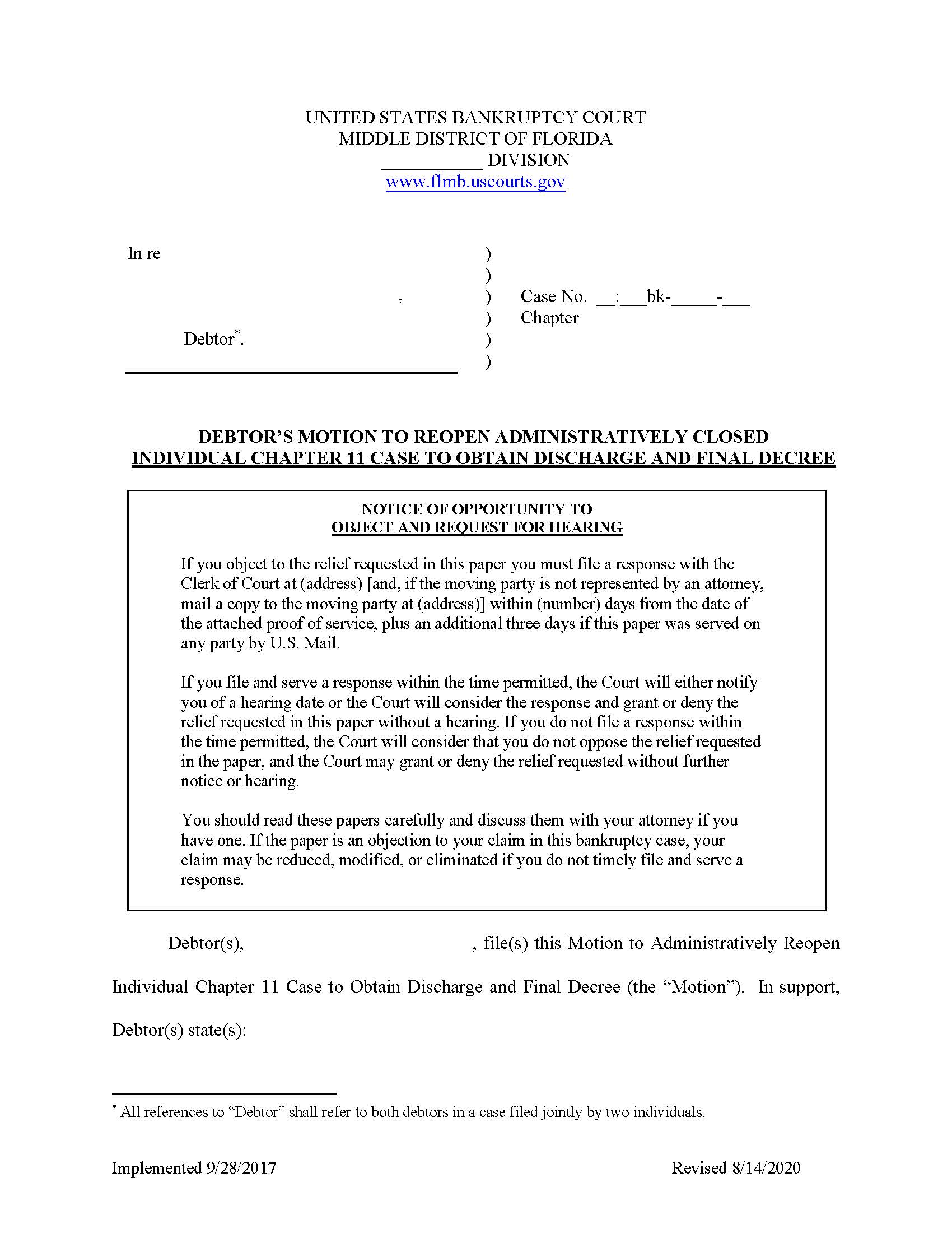 Debtors Motion To Reopen Administratively Closed Ch 11 Case (Sample And Form) {FLMB MRACC-CH11} | Pdf Fpdf Docx | Florida