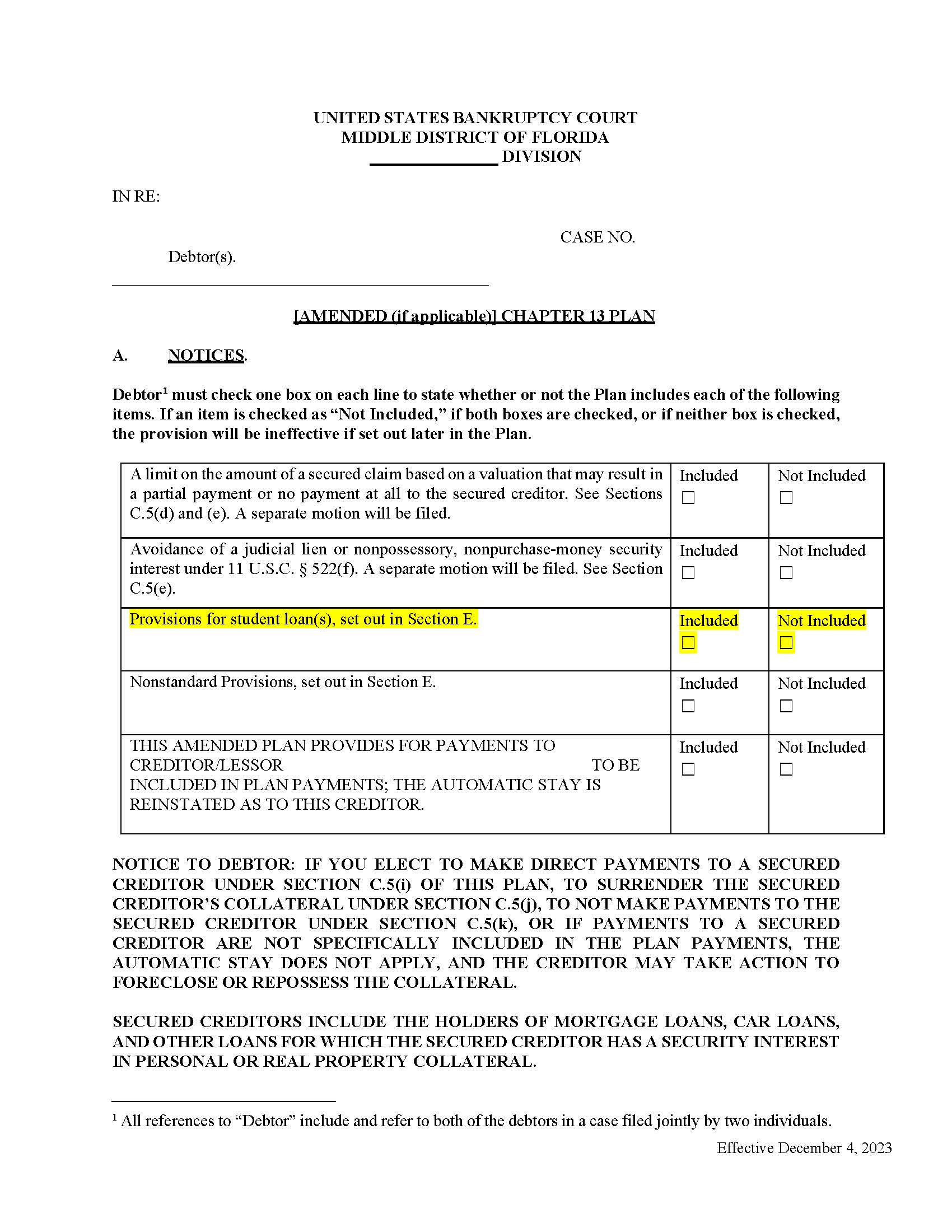 Model Chapter13 Plan {FLMB CH13P} | Pdf Fpdf Docx | Florida