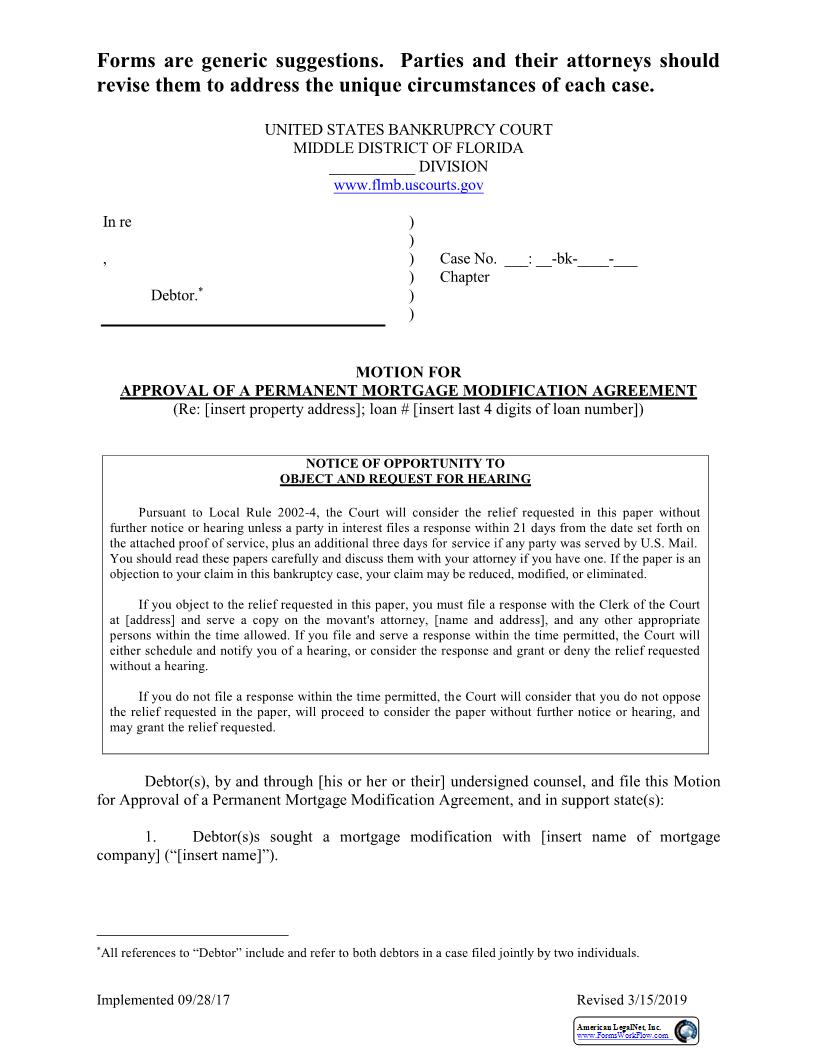 Motion For Approval Of Permanent Loan Modification Agreement (Sample And Form) {FLMB MAPLMA} | Pdf Fpdf Docx | Florida