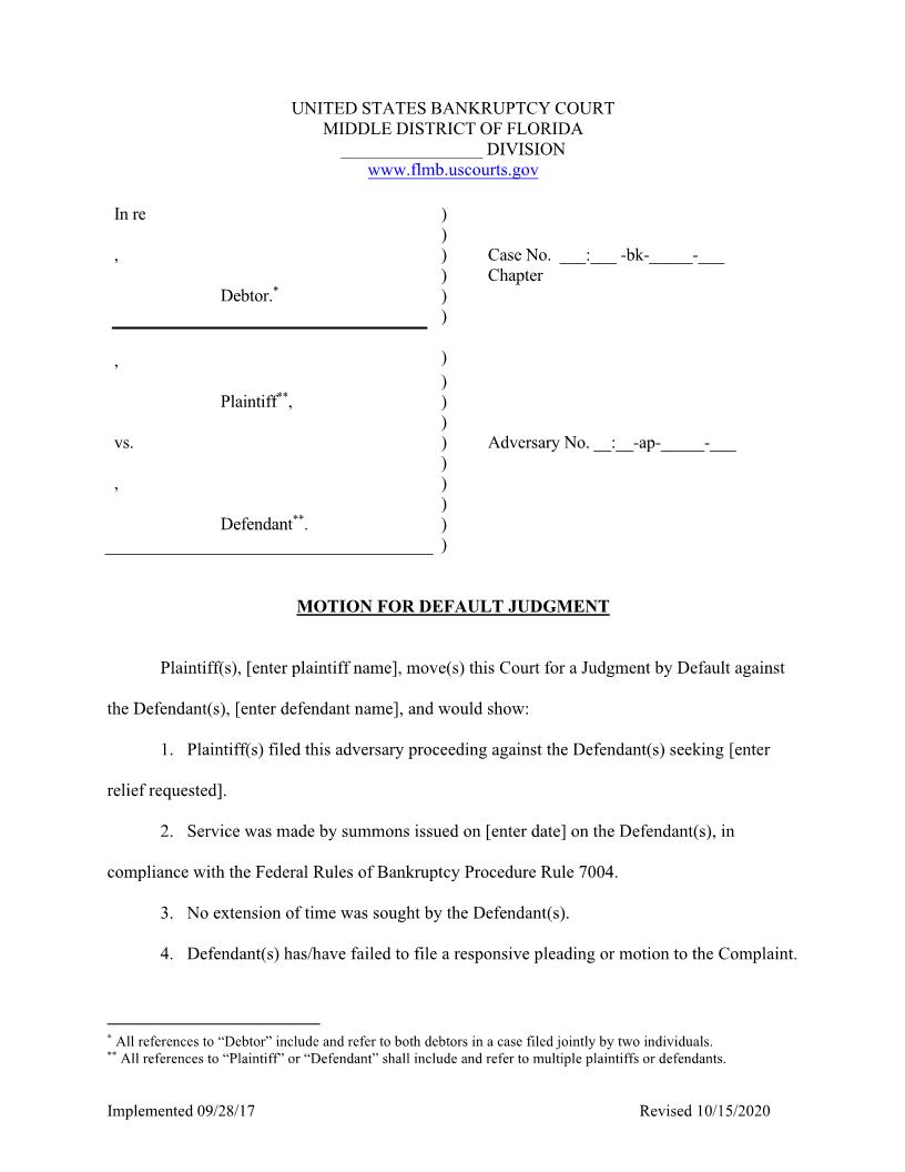 Motion For Default Judgment (Adversary) (Sample) | Pdf Fpdf Docx | Florida