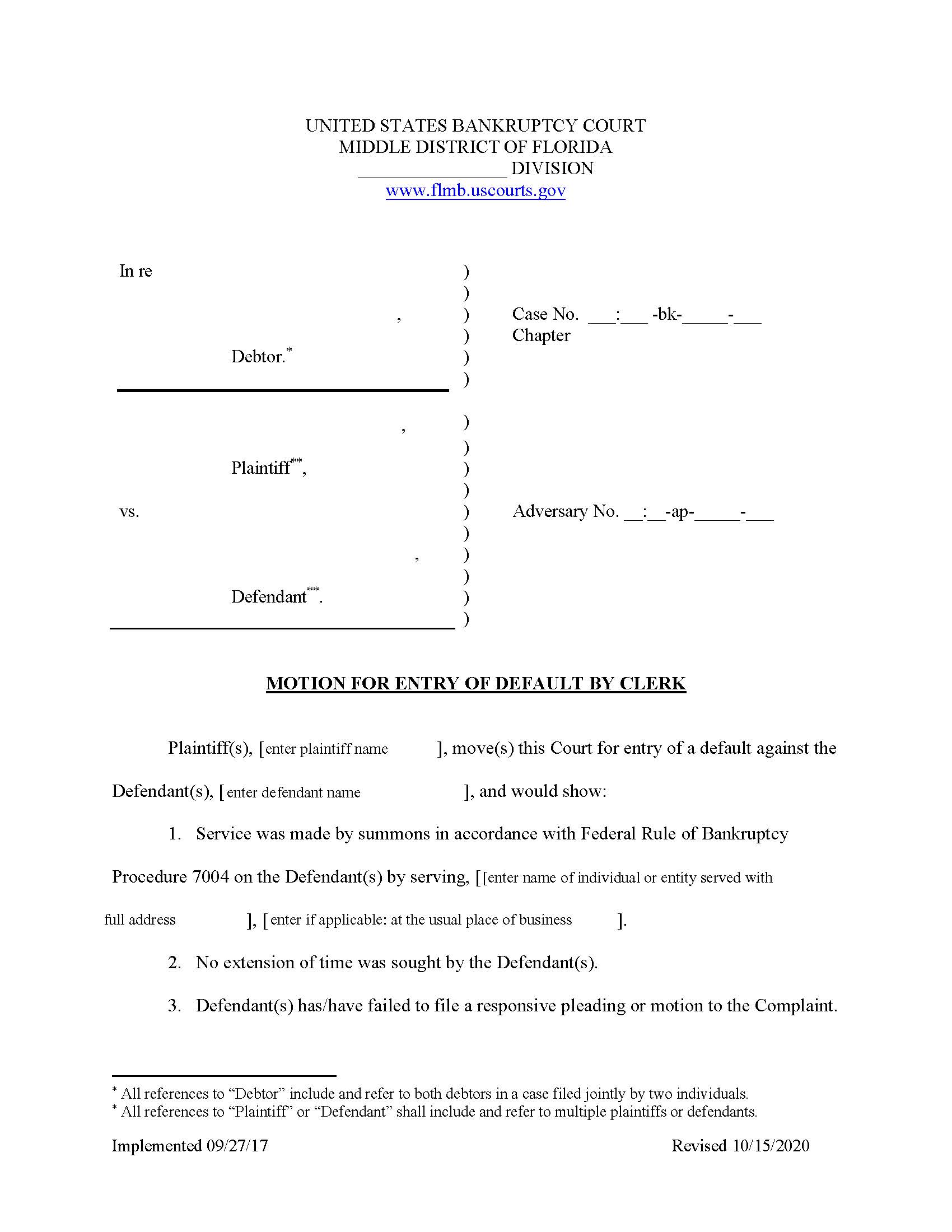 Motion For Entry Of Default By Clerk (Adversary) (Sample) | Pdf Fpdf Docx | Florida