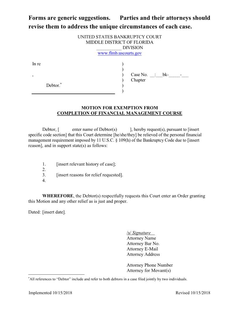 Motion For Exemption From Completion Of Financial Management Course {FLMB MECFMC} | Pdf Fpdf Docx | Florida