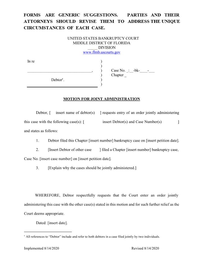 Motion For Joint Administration {FLMB MJA} | Pdf Fpdf Docx | Florida
